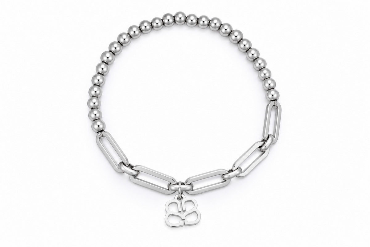 Mora waterproof silver bead and paperclip chain stretch bracelet by Boho Betty – half beads half chain with logo charm, 18cm stretch fit, stackable and waterproof