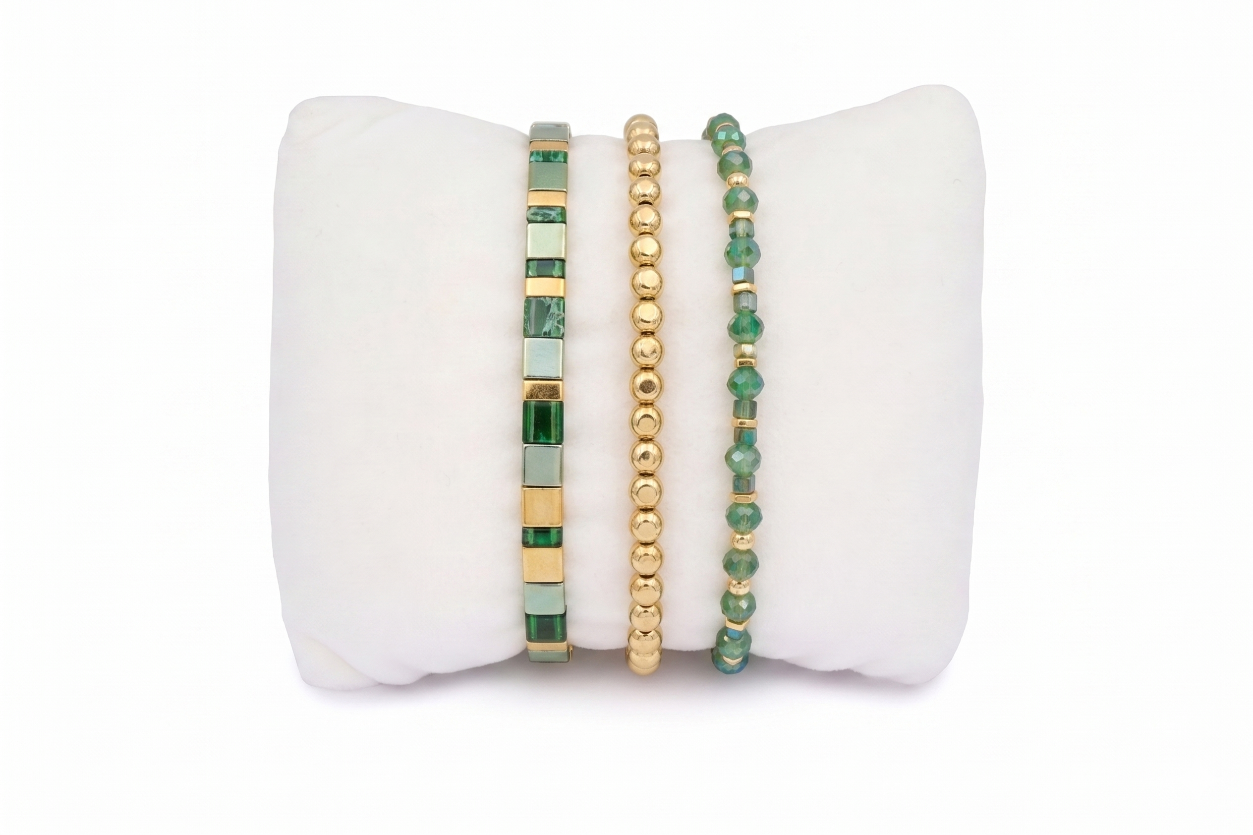 Mustique Gold & Green Beaded Bracelet Stack, green tila bracelet with gold nugget and green crystal strands