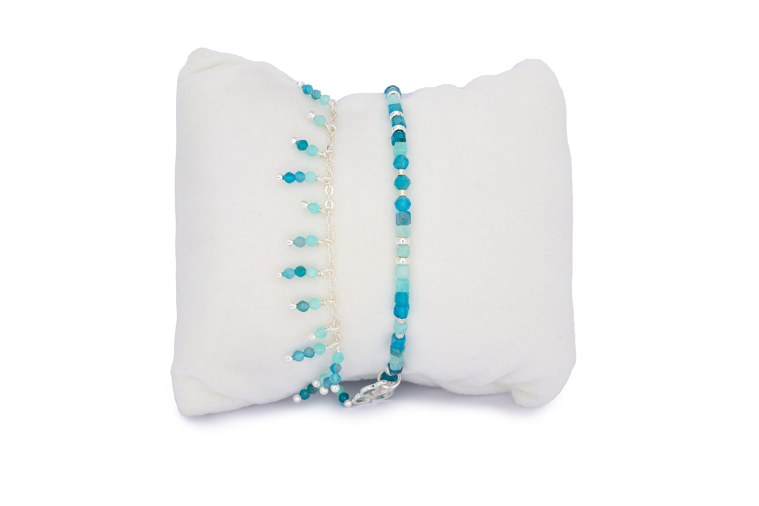 Navagio Amazonite & Apatite Silver Bracelet Stack featuring calming aqua-toned gemstone beads and silver accents—crafted for balance, serenity, and effortless coastal style.