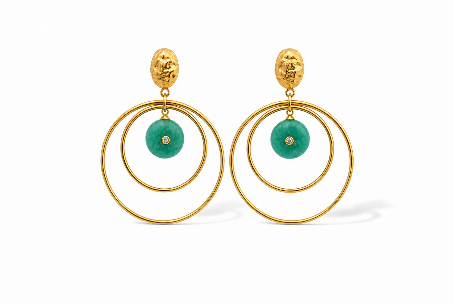 Onda Amazonite Gold Statement Earrings featuring amazonite gemstone drops suspended inside double gold hoops with crystal detail.
