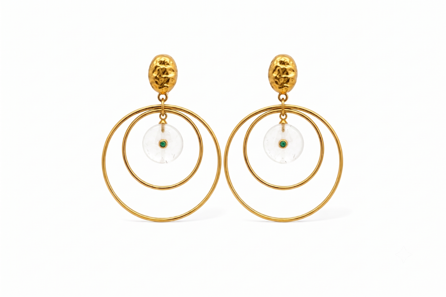 Onda White Jade Gold Statement Earrings featuring white jade gemstone drops suspended inside double gold hoops with green crystal detail.