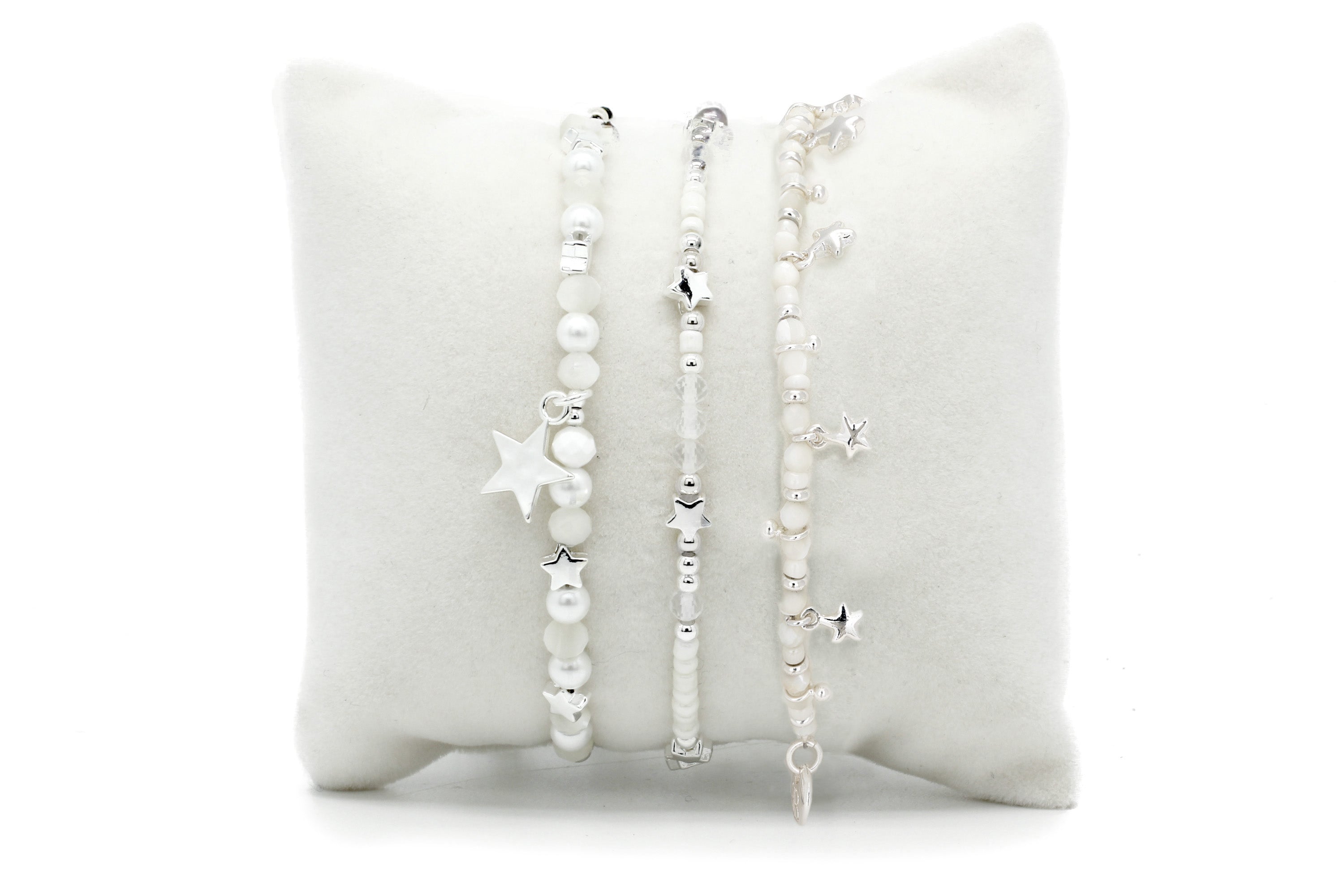 Orion 3 Layer Bracelet Stack featuring moonstone, mother of pearl, agate stones, and silver-plated accents, offering celestial-inspired elegance.