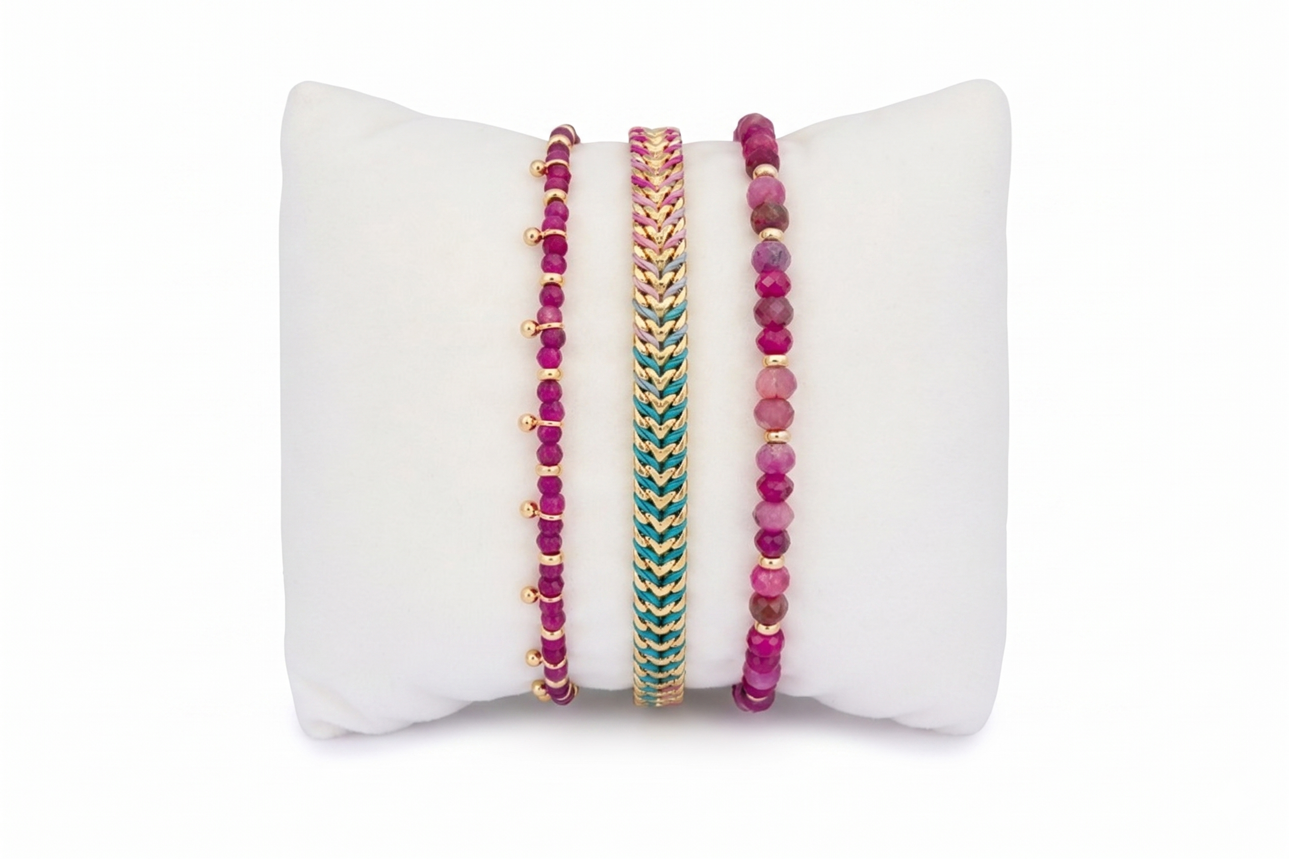 Ovos Ruby & Gold Colourful Bracelet Stack featuring ruby gemstones, colourful woven bracelet designs and warm gold accents in layered boho styling.