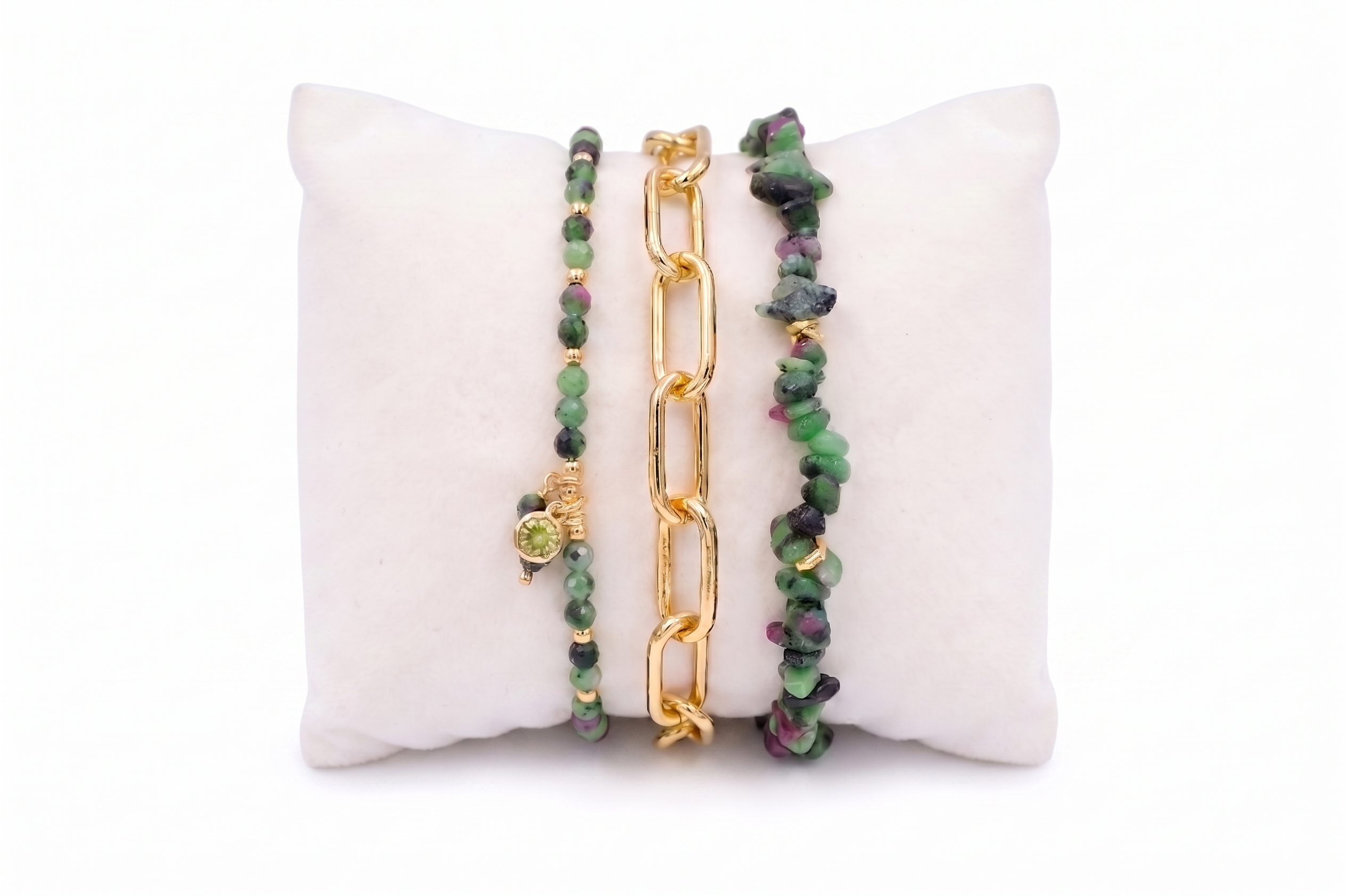 Parida Ruby Zoisite & Gold Bracelet Stack with Sana rough-cut ruby zoisite stretch, Ukelele chunky gold oval-link chain and Basilia green-cord charm bracelet, 12k/14k gold accents