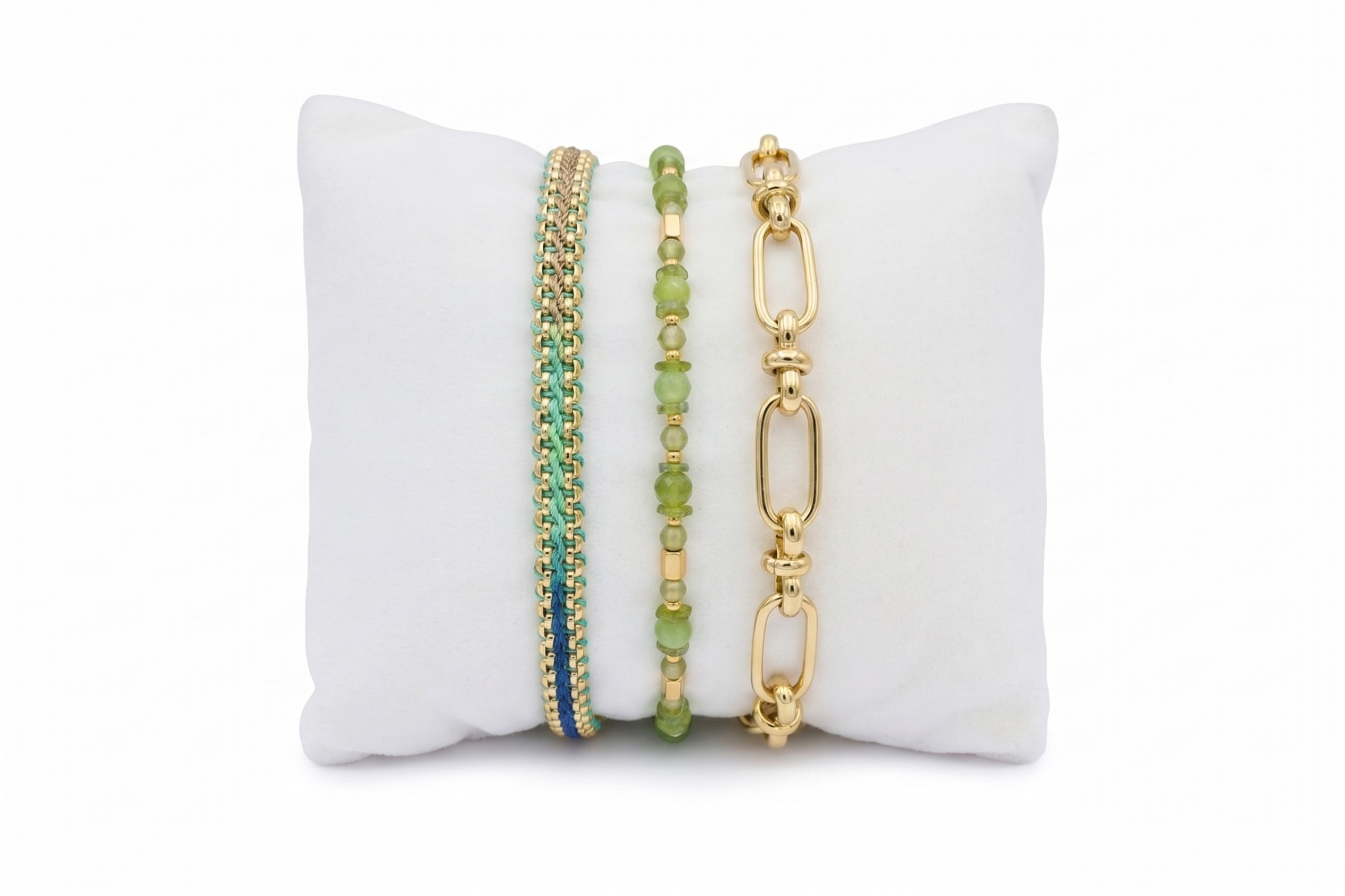 Pemba Gold & Green Bracelet Stack with Bloom taupe-to-green braided snake chain, Aya green jade slider, and Eleni gold oval-link chain in 14k PVD gold