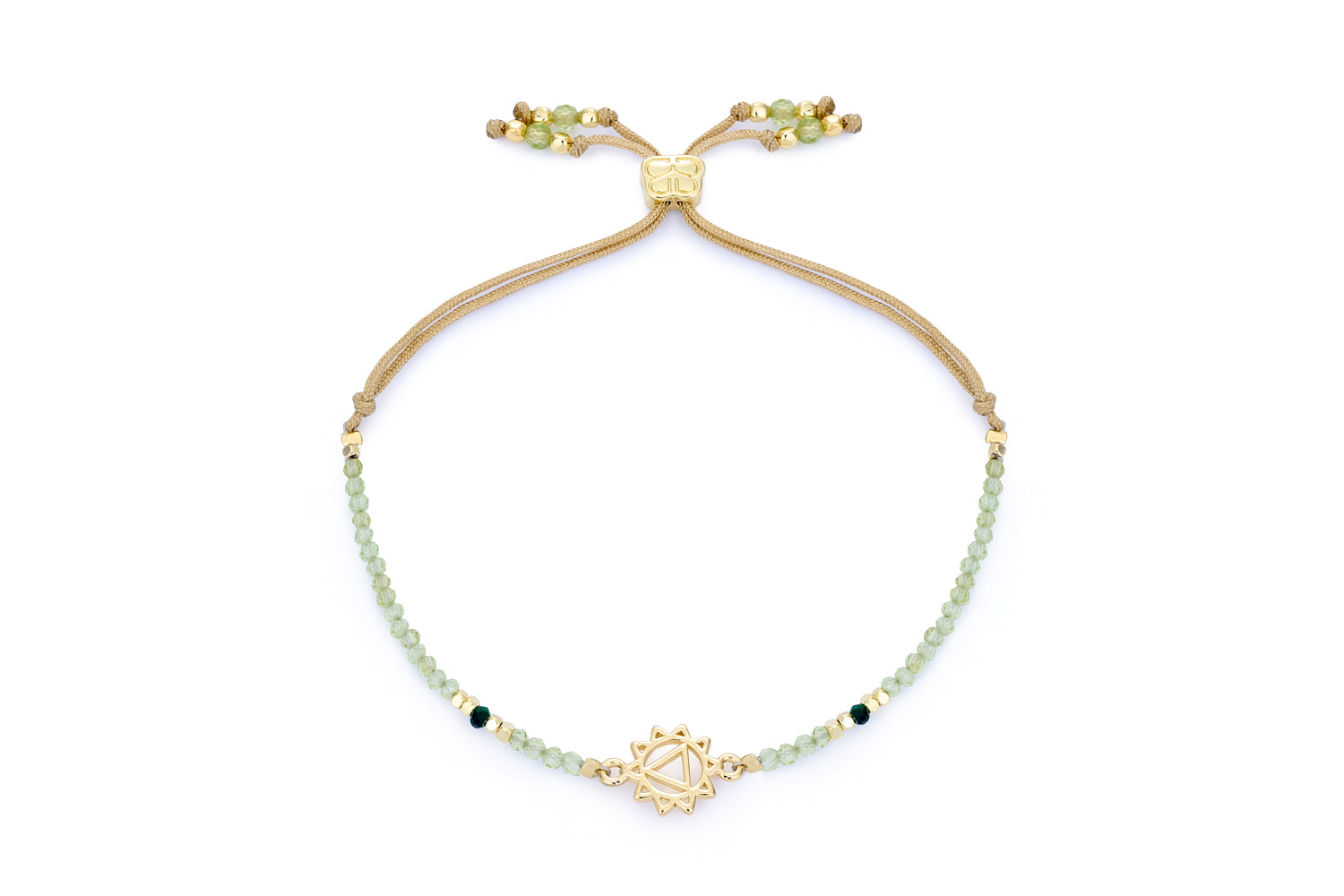 Peridot & Malachite Gold Solar Plexus Chakra Bracelet featuring vibrant green peridot and malachite beads, gold-plated accents, and an adjustable thread slider.