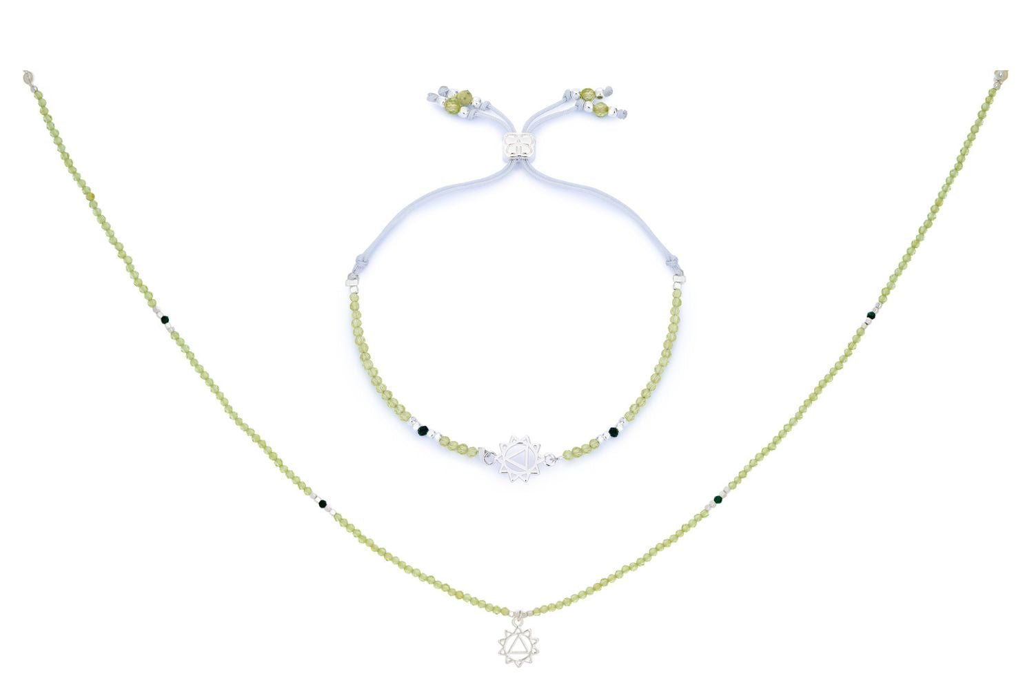 Peridot & Malachite Silver Solar Plexus Chakra Necklace and Bracelet Set featuring pale green peridot beads, deep green malachite accents, silver-plated details, and a Solar Plexus Chakra charm symbolising confidence and joy.