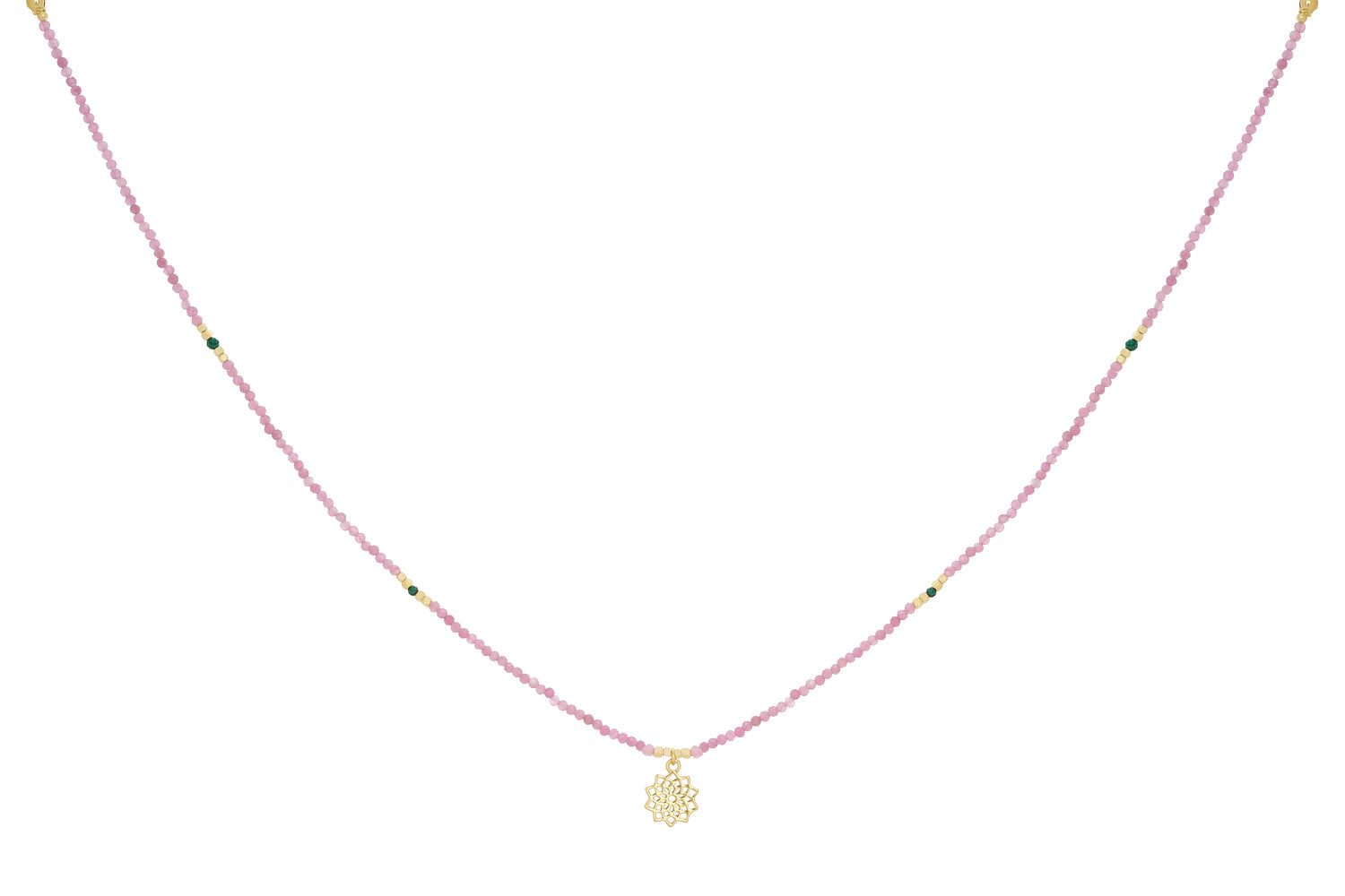 Pink Tourmaline & Malachite Gold Heart Chakra Necklace featuring soft pink tourmaline, rich green malachite, a 12k gold-plated heart chakra charm, and adjustable chain.