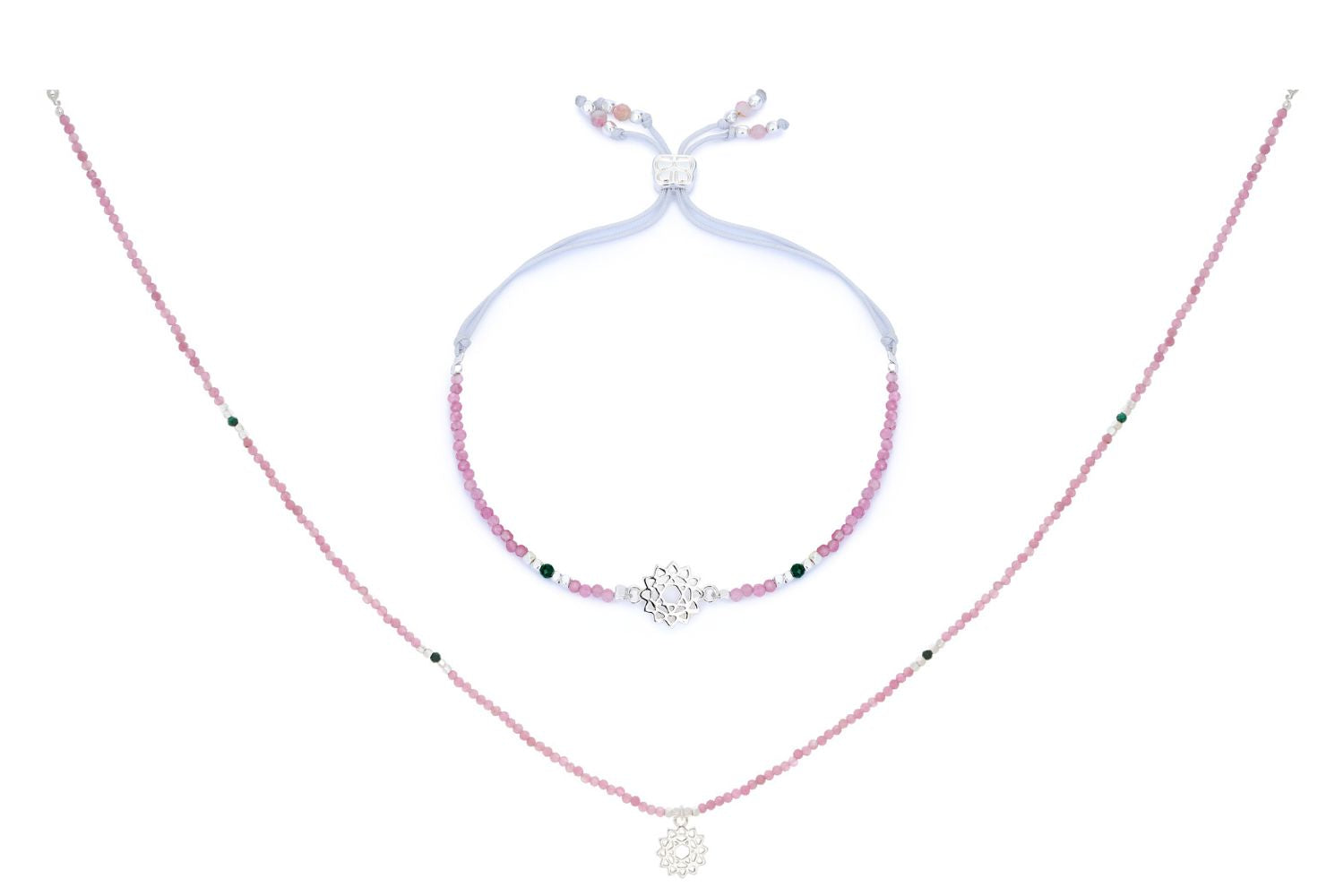 Pink Tourmaline & Malachite Silver Heart Chakra Necklace and Bracelet Set featuring soft pink beads, deep green malachite accents, silver-plated details, and a Heart Chakra charm symbolising love and emotional balance.