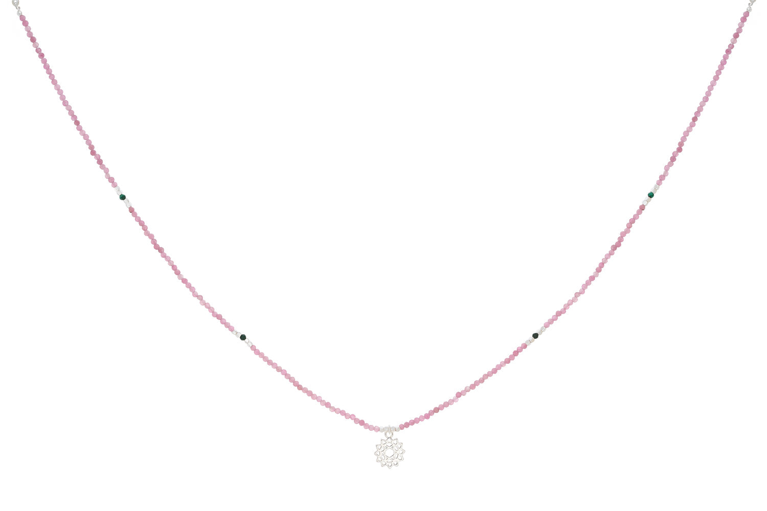 Pink Tourmaline and Malachite Silver Heart Chakra Necklace featuring soft pink tourmaline and deep green malachite gemstones with sterling silver accents for love, self-care, and emotional balance.