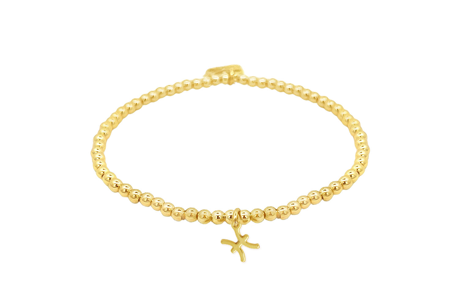 Gold stretch bead bracelet featuring a polished Pisces zodiac charm and Boho Betty signature tag, designed for astrology lovers.