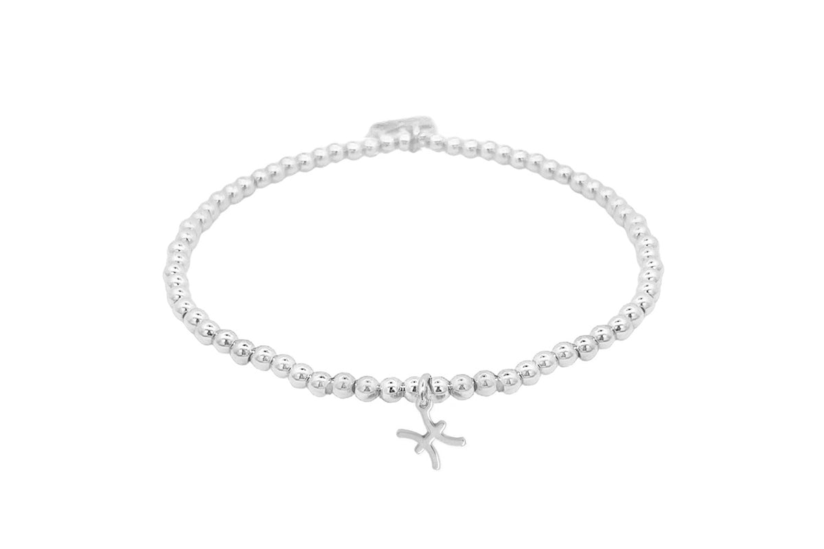 Silver stretch bead bracelet featuring a polished Pisces zodiac charm and Boho Betty signature tag, designed for astrology lovers.