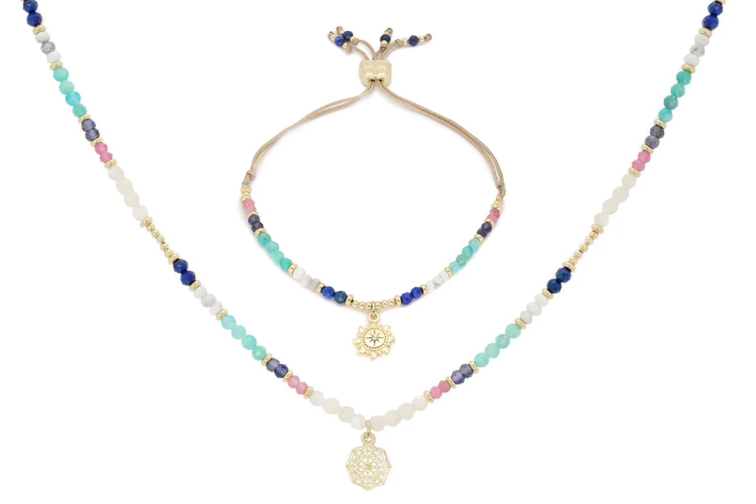Poise Mixed Necklace and Bracelet Set featuring vibrant gemstones, including Turquoise, Lapis Lazuli, Rose Quartz, and Peach Calcite, with 12k gold-plated accents for a bold, bohemian look.