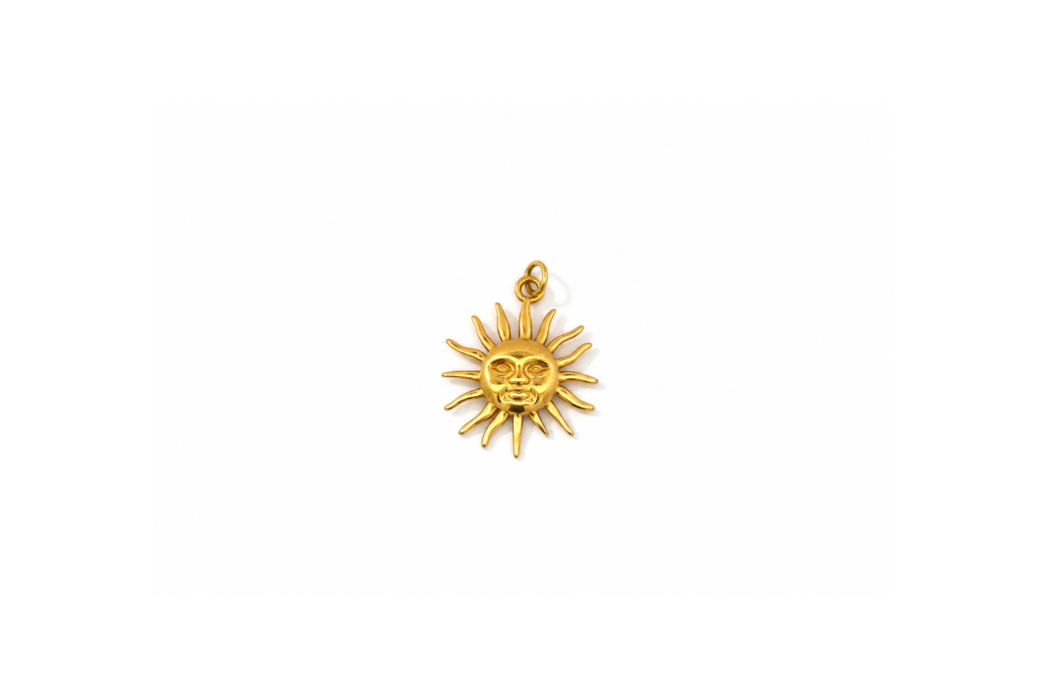 PVD Sun Charm Gold featuring a sculptural smiling sun pendant in waterproof 14k gold PVD stainless steel.