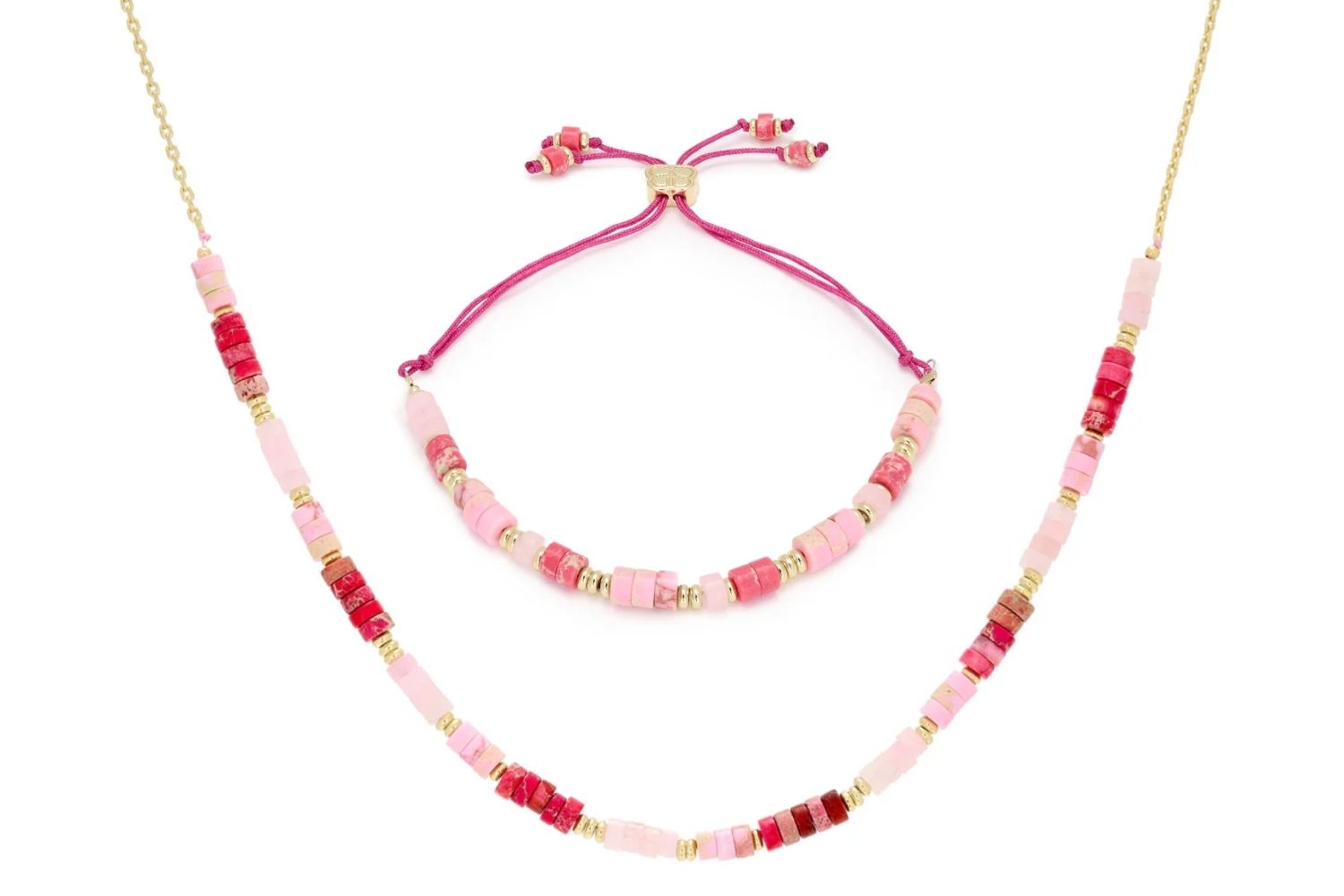 Rayne Pink Gold Necklace and Bracelet Set featuring blush pink jade and imperial jasper gemstones with 12k gold-plated accents for a radiant, feminine jewellery look.