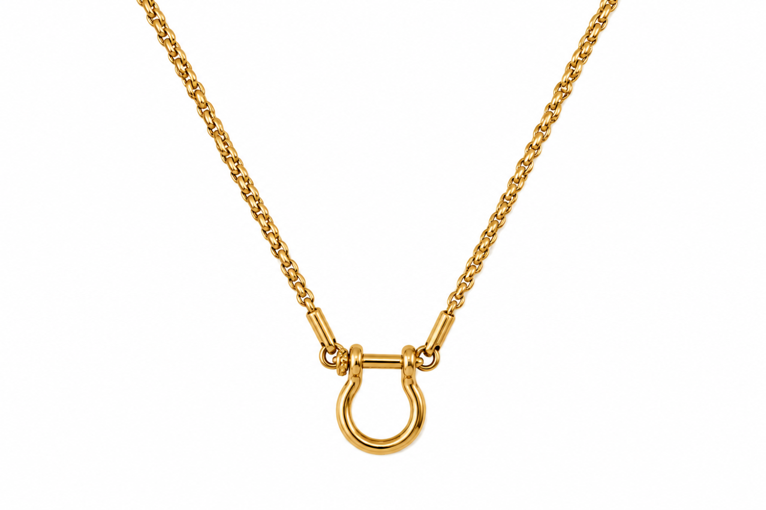 Rosalind Gold Charm Carrier Necklace featuring a polished horseshoe-shaped charm carrier on a waterproof 14k Gold PVD stainless steel statement chain.