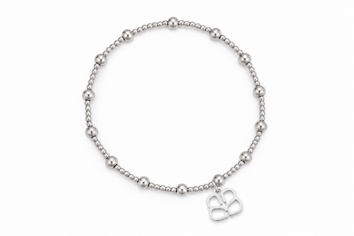 Rosa waterproof silver bead stretch bracelet by Boho Betty – fine and larger silver beads with logo charm, 18cm stretch fit, stackable and waterproof