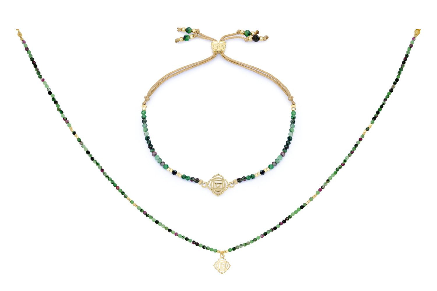 Ruby Zoisite Gold Root Chakra Necklace and Bracelet Set featuring deep green and ruby-toned beads, gold-plated accents, and a Root Chakra charm symbolising grounding and stability.