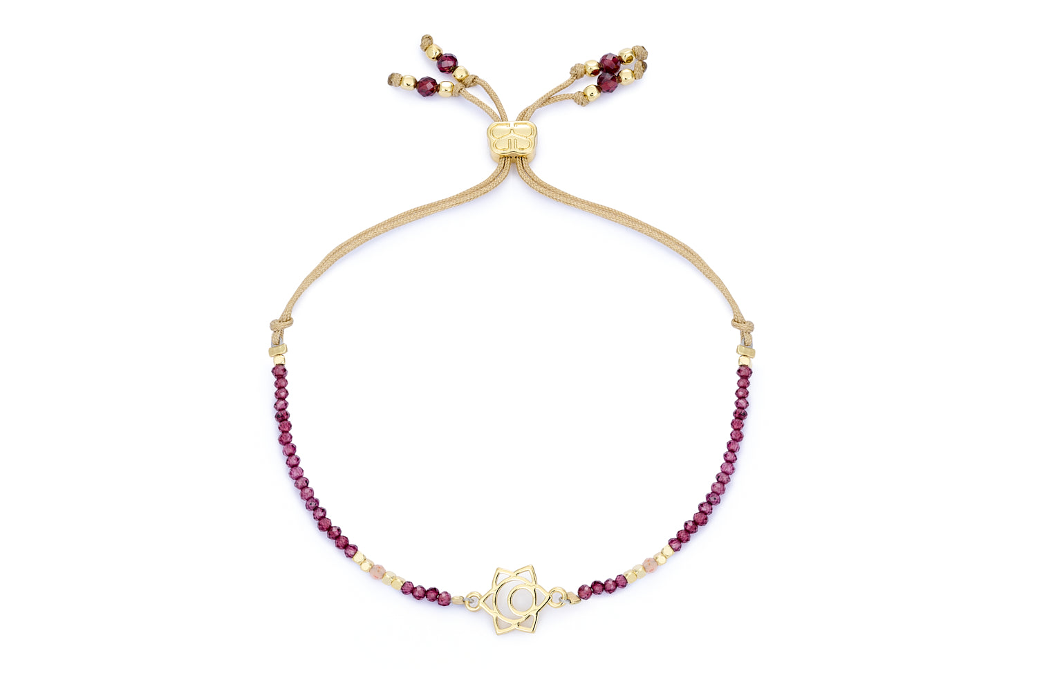 Sacral Chakra Garnet & Sunstone Gold Bracelet featuring garnet and sunstone beads, gold-plated chakra charm, and adjustable slider fastening.