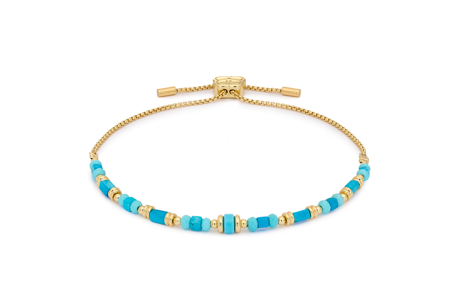 Salma Turquoise Howlite & Gold Friendship Bracelet featuring turquoise howlite gemstones and 12k gold-plated brass accents with adjustable slider fit up to 26cm.