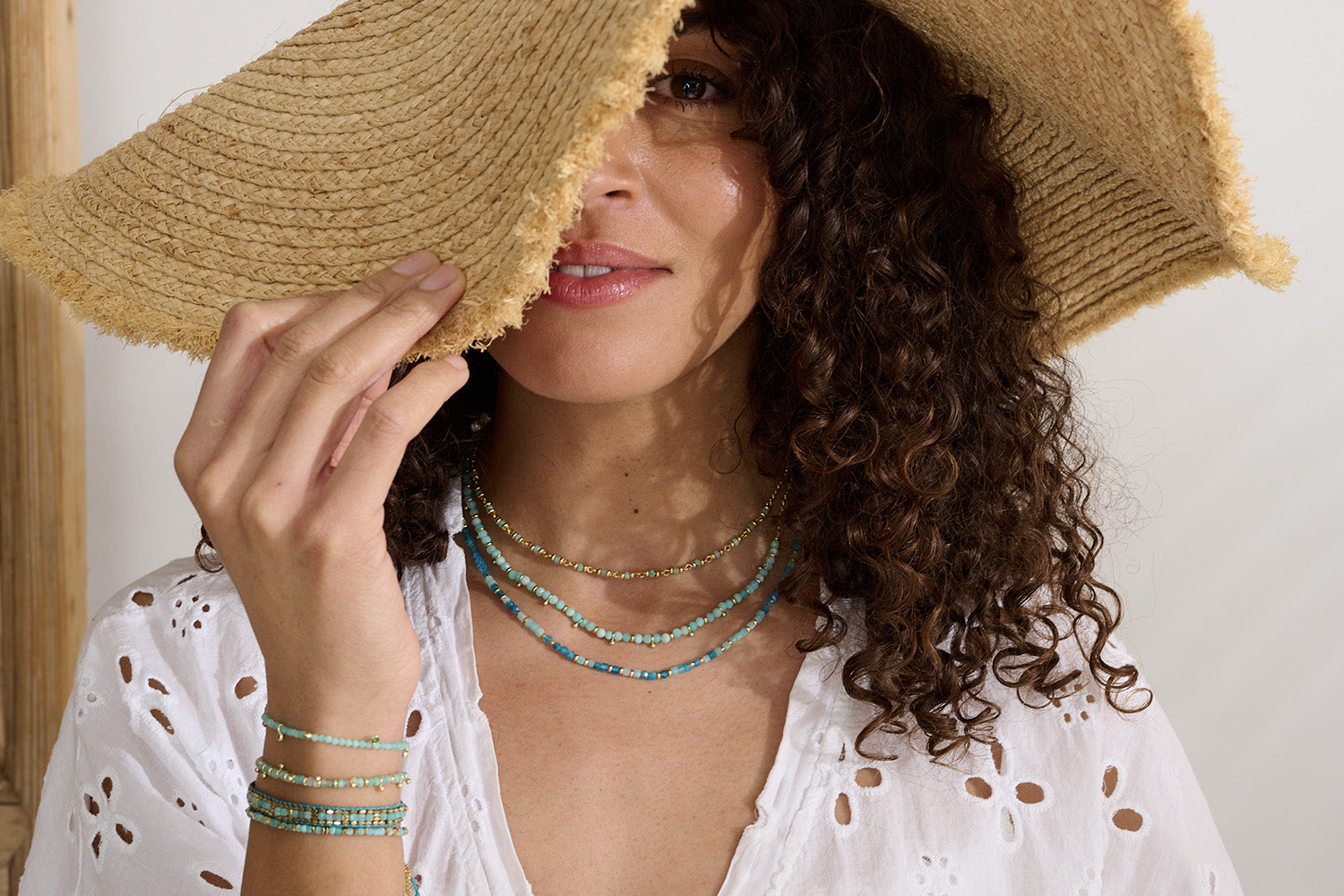 Our stunning Salus necklace in Amazonite with gold plating. A perfect addition to wear with anything and a great gift for her!