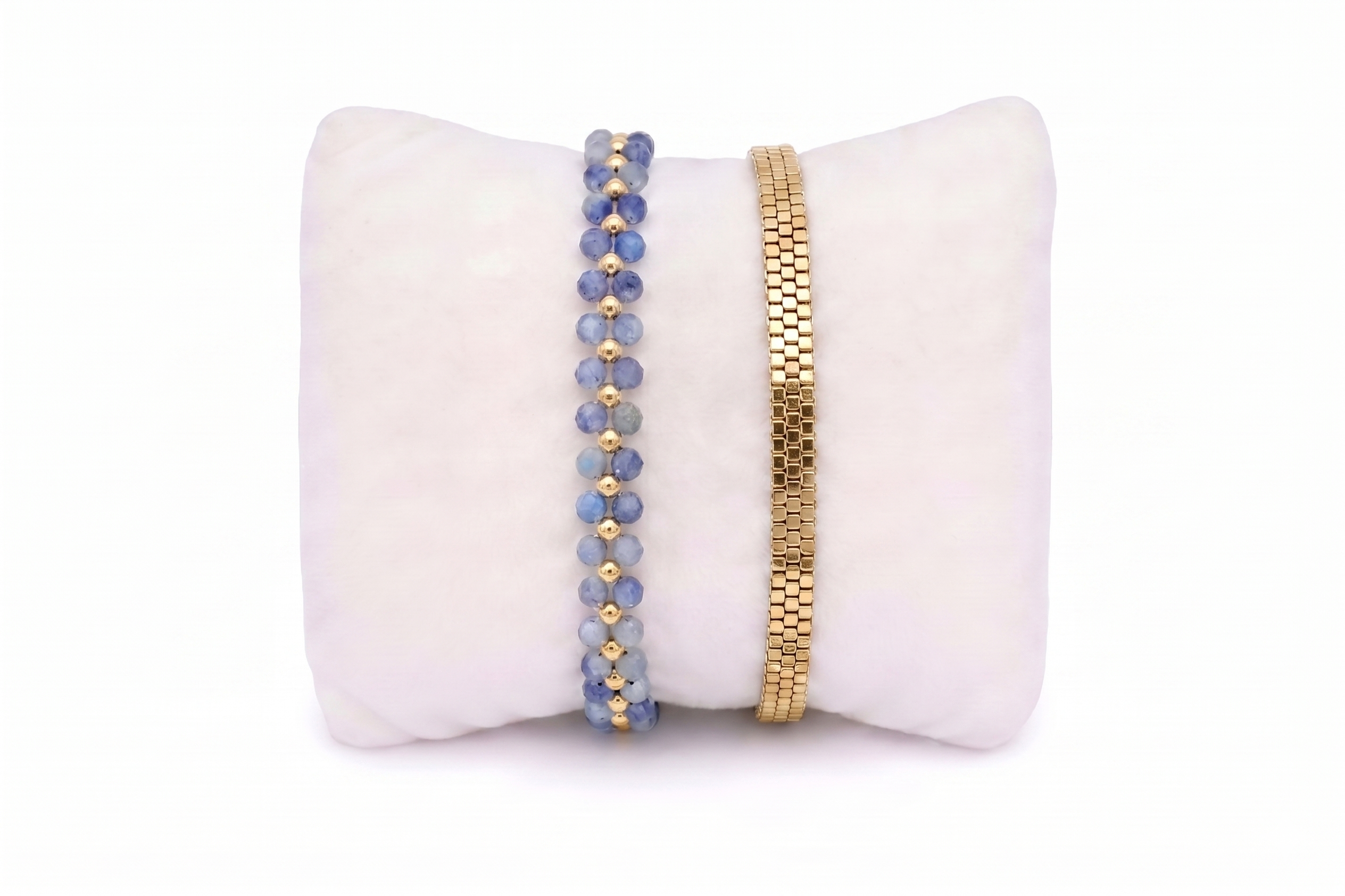 Samay blue aventurine gold bracelet stack, blue gemstone and gold beaded bracelets in a relaxed coastal-inspired design