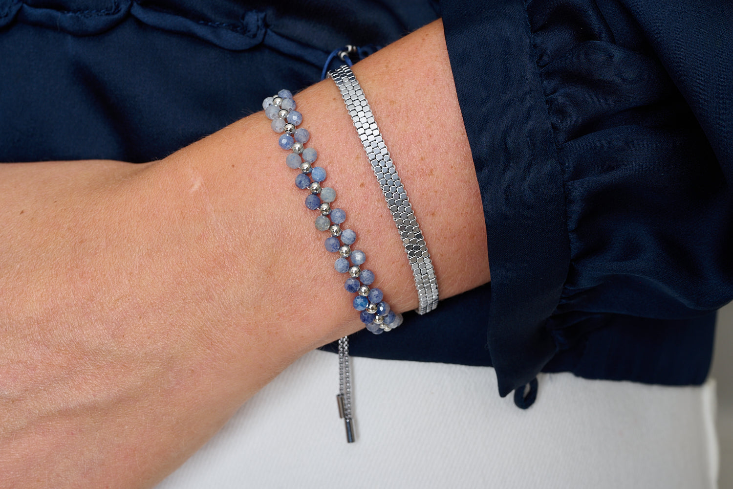 Samay Blue Aventurine & Silver Bracelet Stack styled on wrist with layered Boho Betty silver bracelets