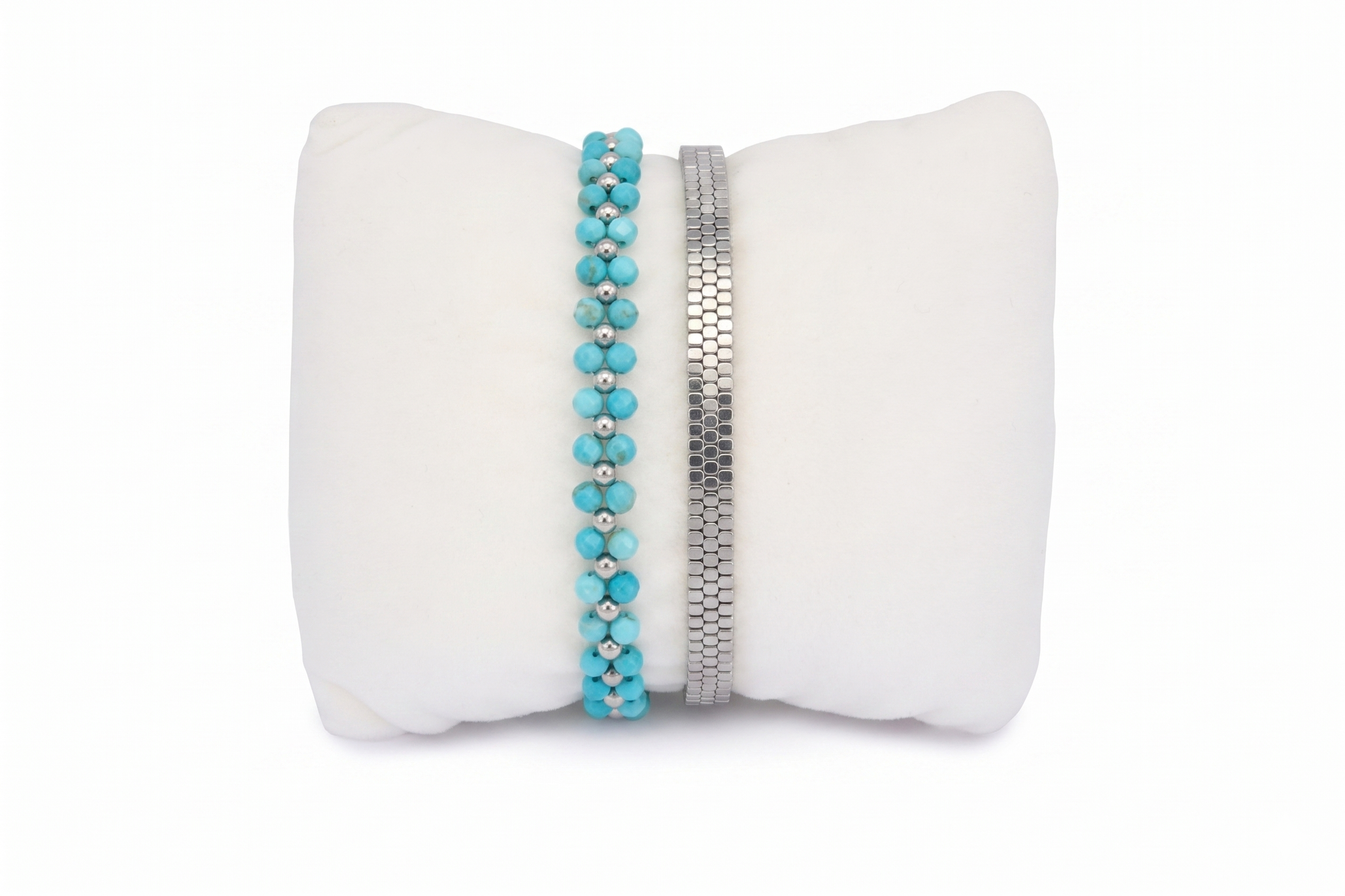 Samay turquoise howlite silver bracelet stack, blue gemstone and silver beaded bracelets with adjustable slider fit