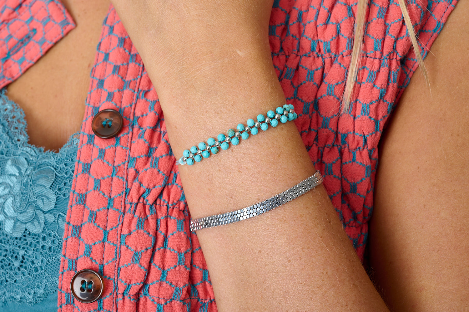Samay Turquoise Howlite & Silver Bracelet Stack styled on wrist with layered Boho Betty coastal bracelets