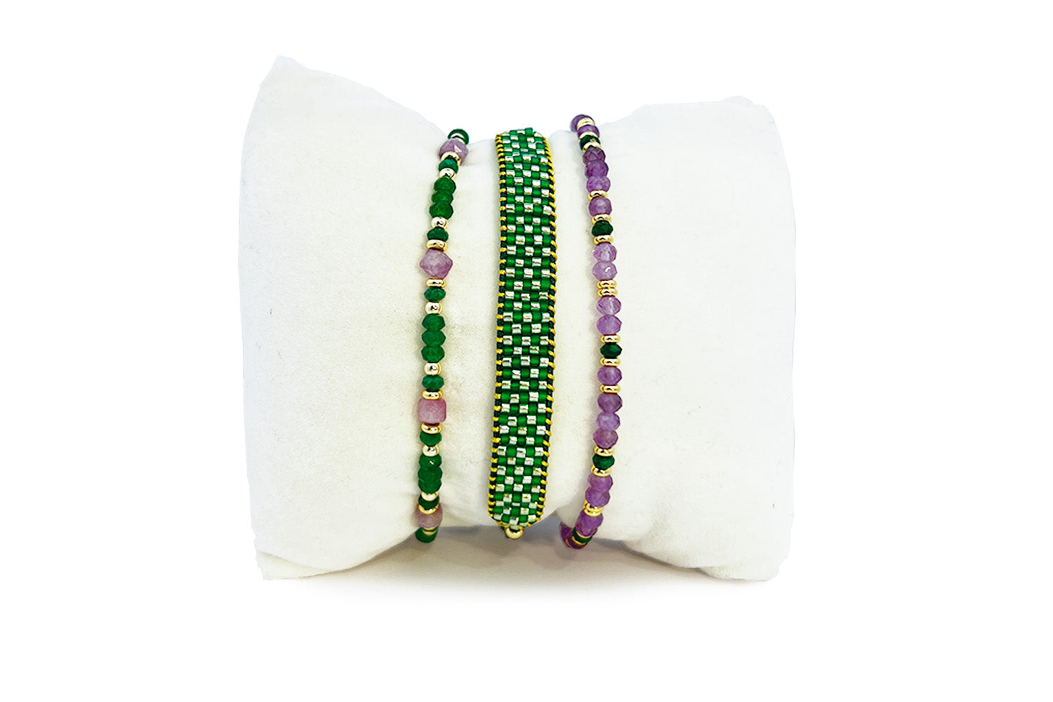 Samoa green and purple gold bracelet stack with amethyst, malachite and Miyuki beads
