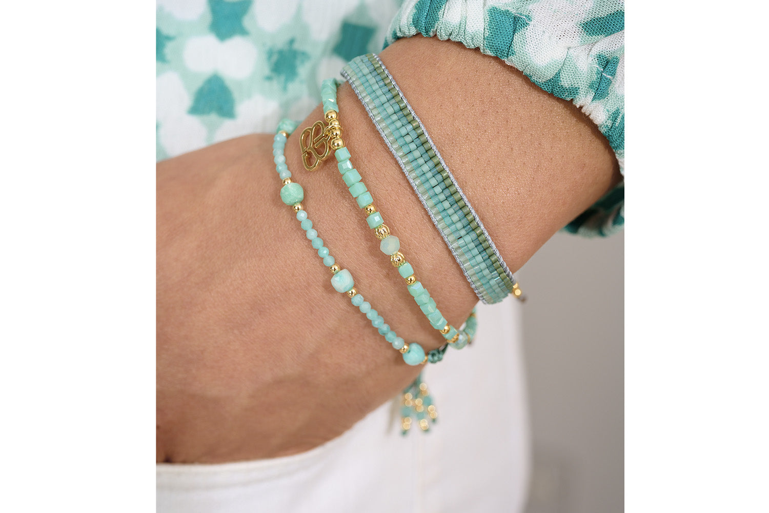 Savaii Turquoise & Amazonite Bracelet Stack styled for summer with tropical tones, gold details, and soft calming colours—ideal for beach lovers and boho dreamers.