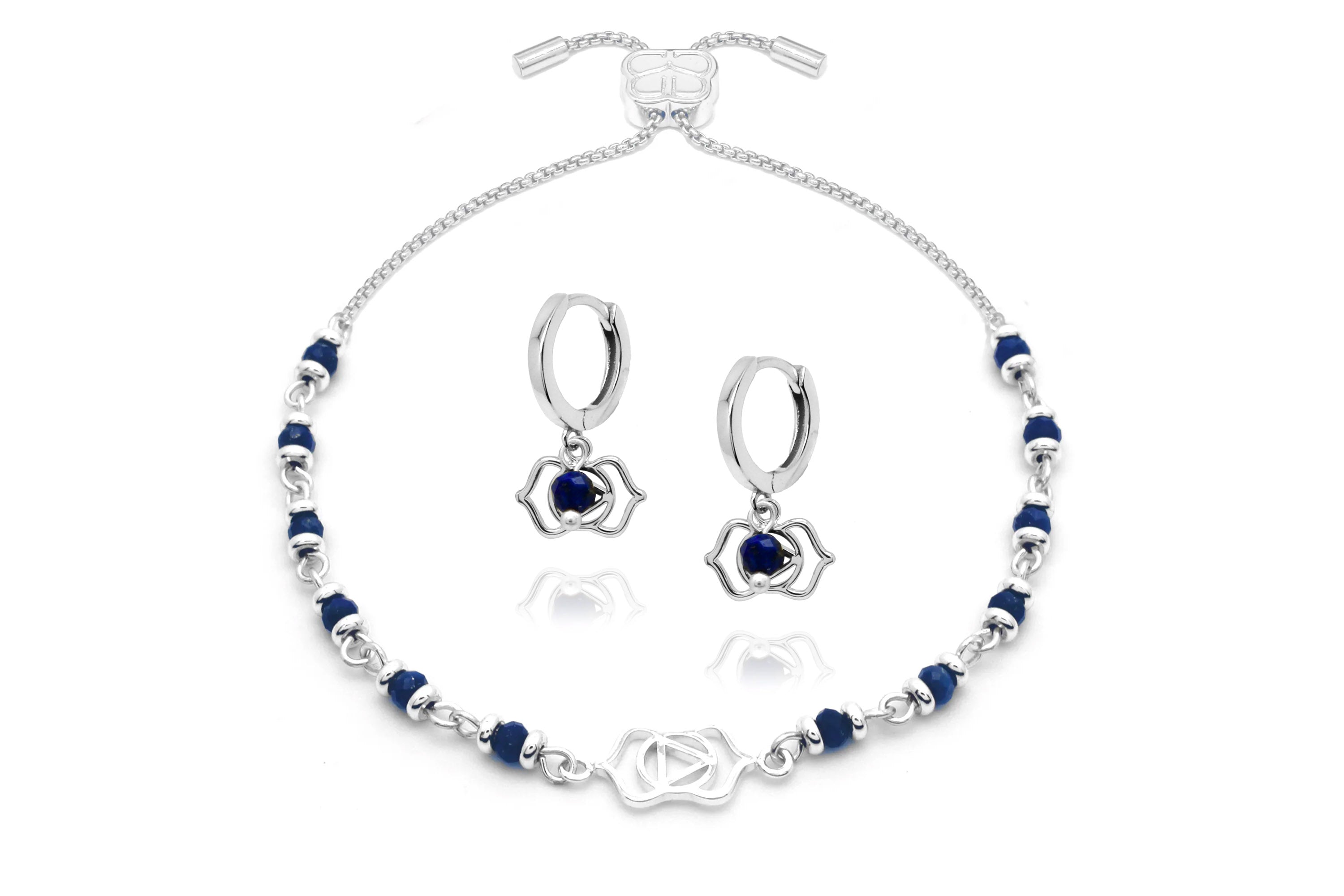 Chakra Silver Third Eye Bracelet Earring Set#color_Lapis Lazuli
