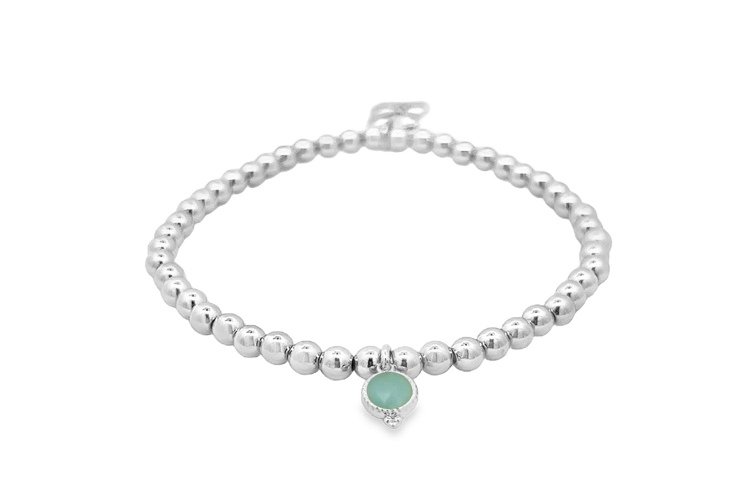 Silver Amazonite March Birthstone Charm Bracelet with polished silver beads and a genuine sea-green Amazonite charm.