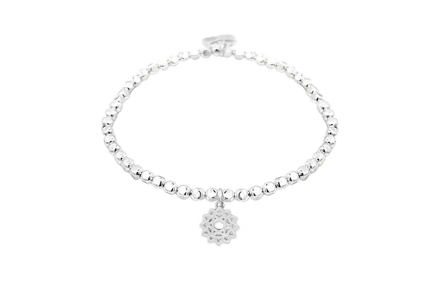 Silver Heart Chakra Charm Bracelet with polished silver beads and a heart chakra charm.