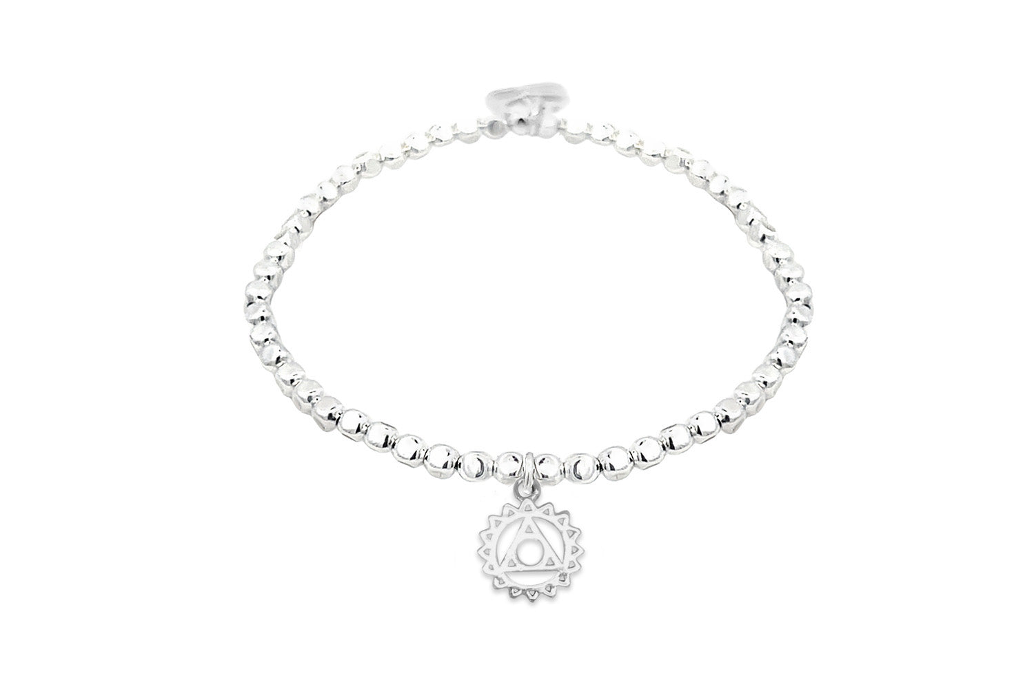 Silver Throat Chakra Charm Bracelet with polished silver beads and a symbolic Throat Chakra charm.
