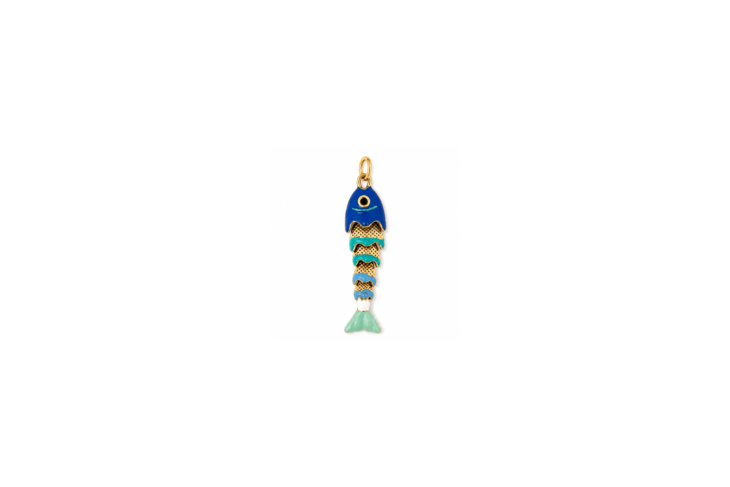 Sirena Blue Ombré Fish Gold Waterproof Charm featuring an articulated fish design with blue ombré enamel and waterproof 14k Gold PVD-coated stainless steel.