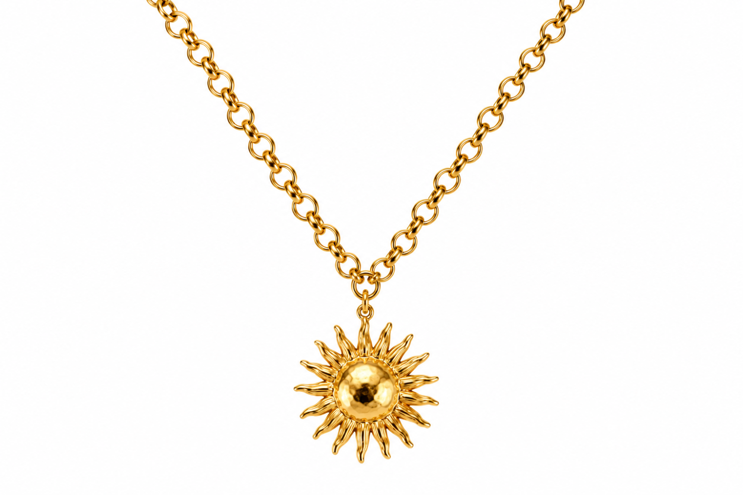 Solana Gold Sun Charm Carrier Necklace featuring a detachable polished sun charm on a waterproof 14k gold PVD chunky chain.