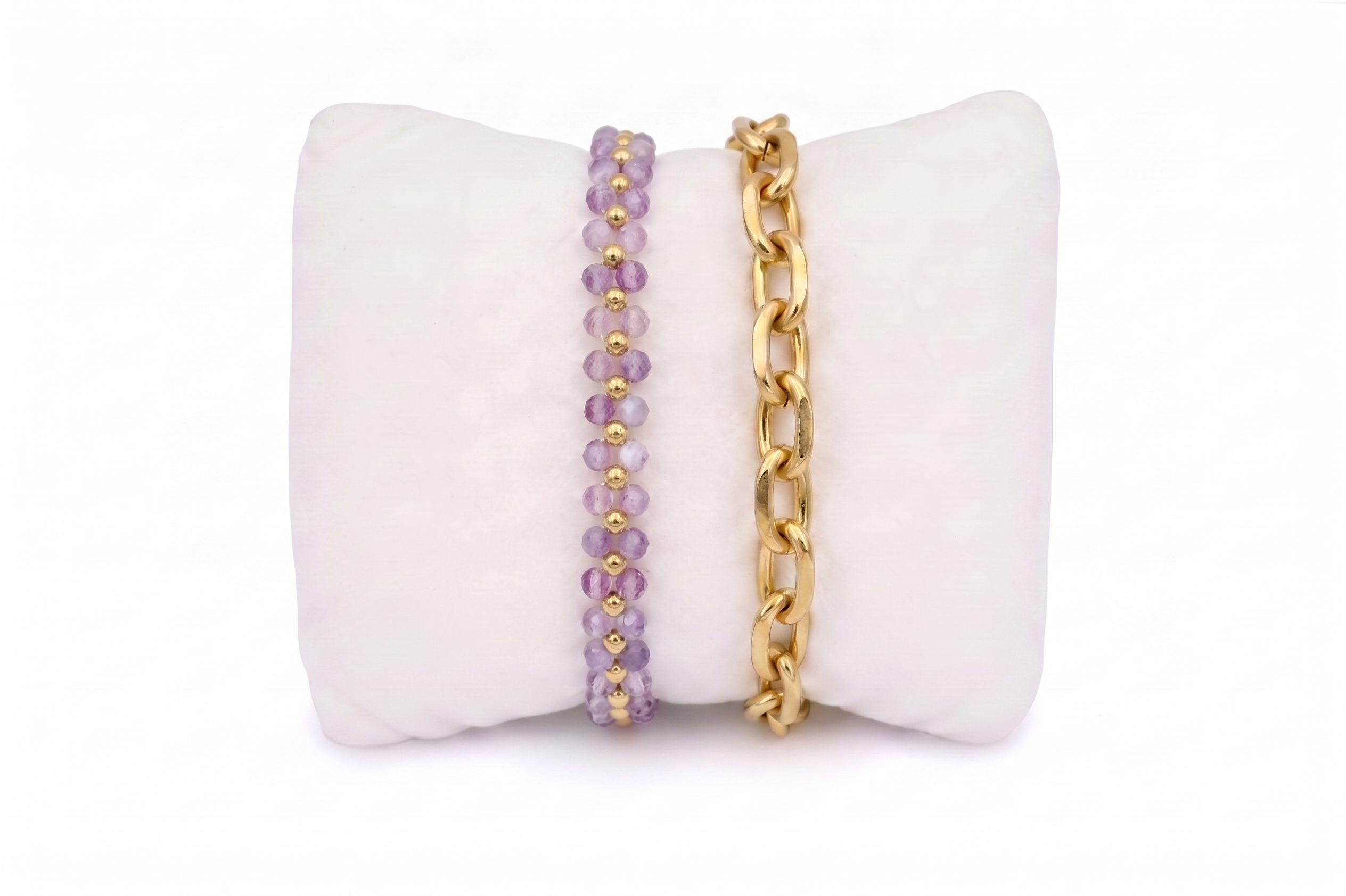 Tanna amethyst gold bracelet stack, lilac gemstone beaded bracelet with bold gold oval-link chain and adjustable slider fit