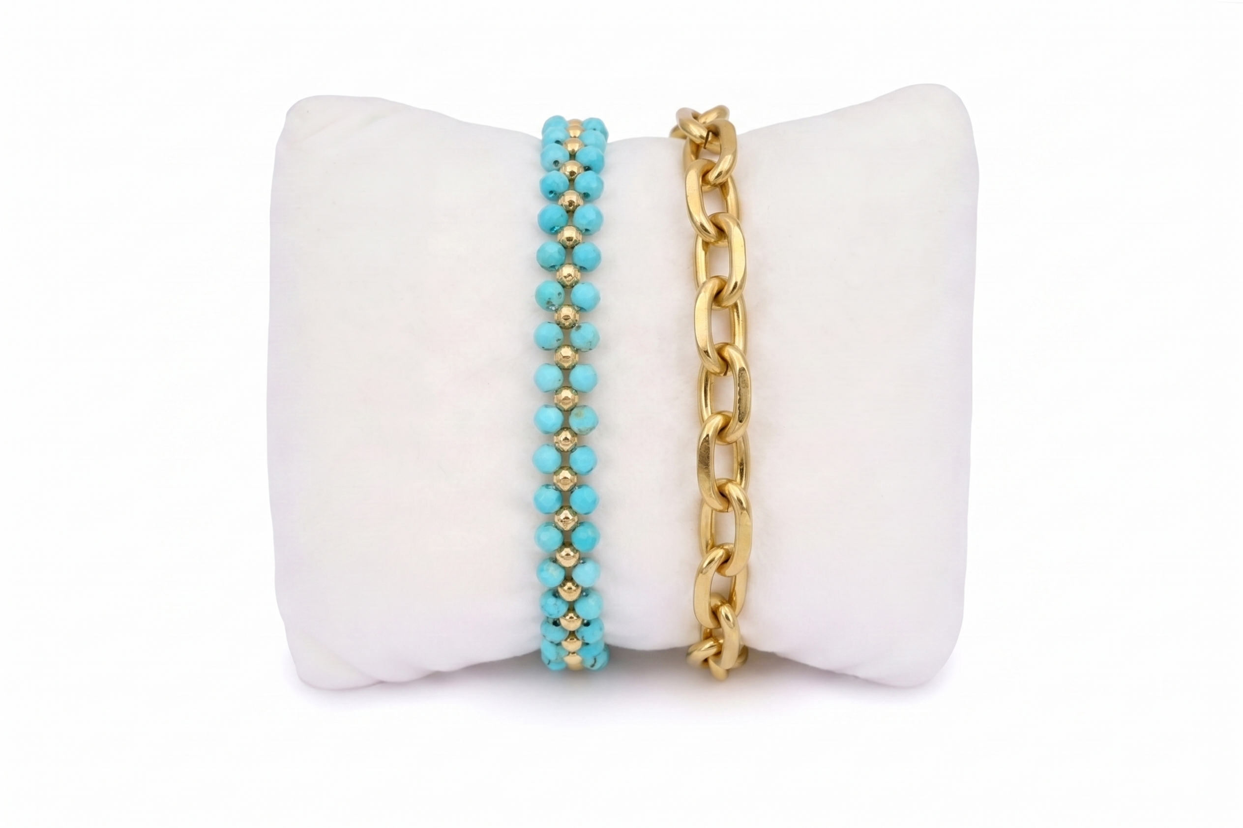 Tanna Turquoise Gold Bracelet Stack, chunky gold chain bracelet styled with a turquoise beaded friendship bracelet on the wrist.