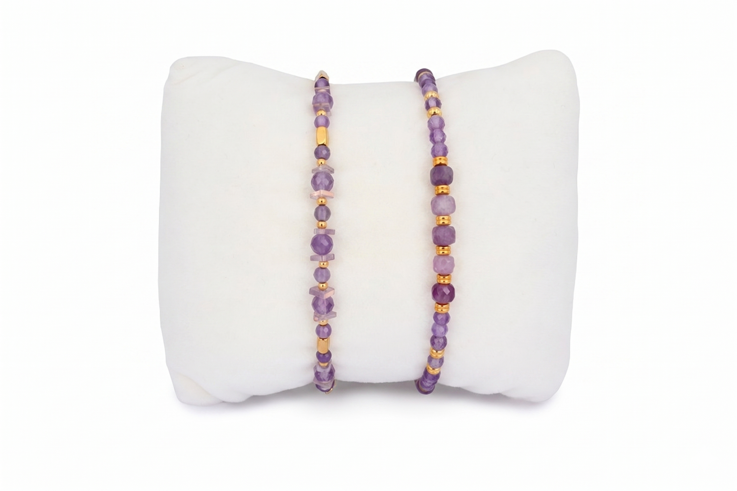 Terceira Amethyst & Gold Bracelet Stack featuring amethyst and purple jade gemstones with warm gold accents in a layered gemstone bracelet design.