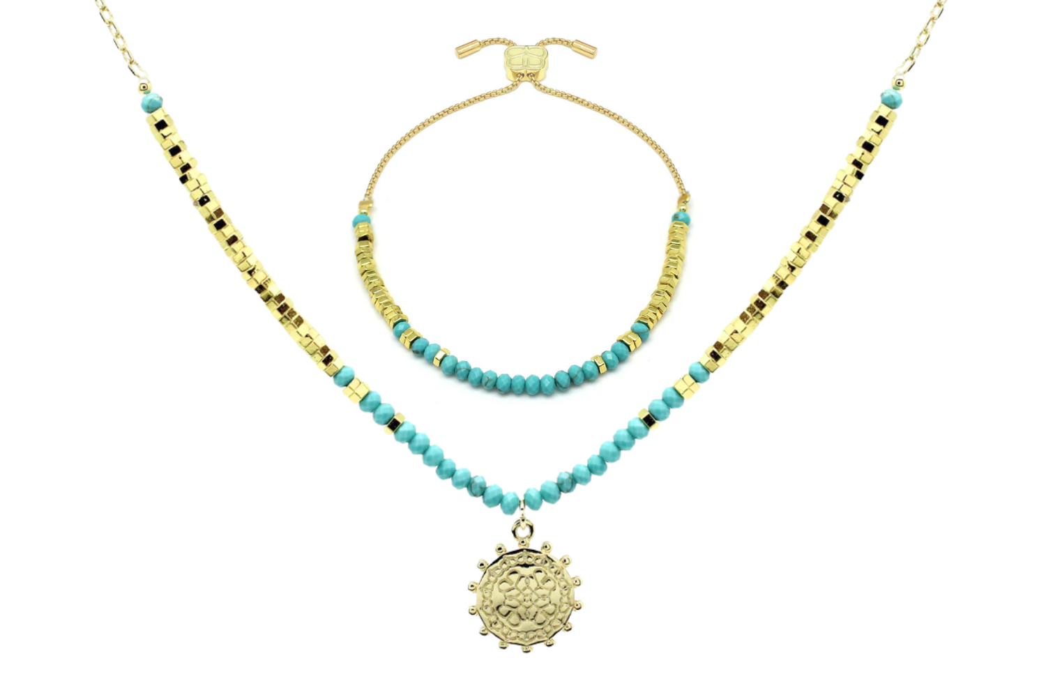 Tersina Turquoise Gold Necklace and Bracelet Set featuring turquoise howlite gemstones, 12k gold-plated accents, and a symbolic pendant for a bold, bohemian look.