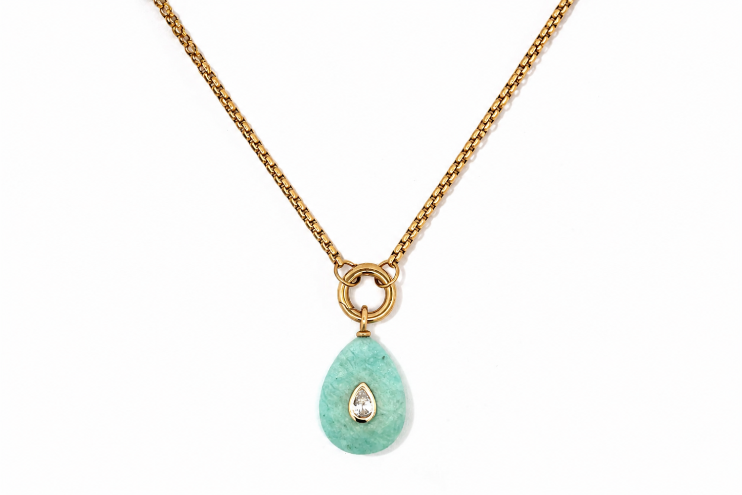 Thalia Long Amazonite Teardrop Pendant Necklace featuring a polished amazonite gemstone with a sparkling crystal on a waterproof 14k gold PVD chain.