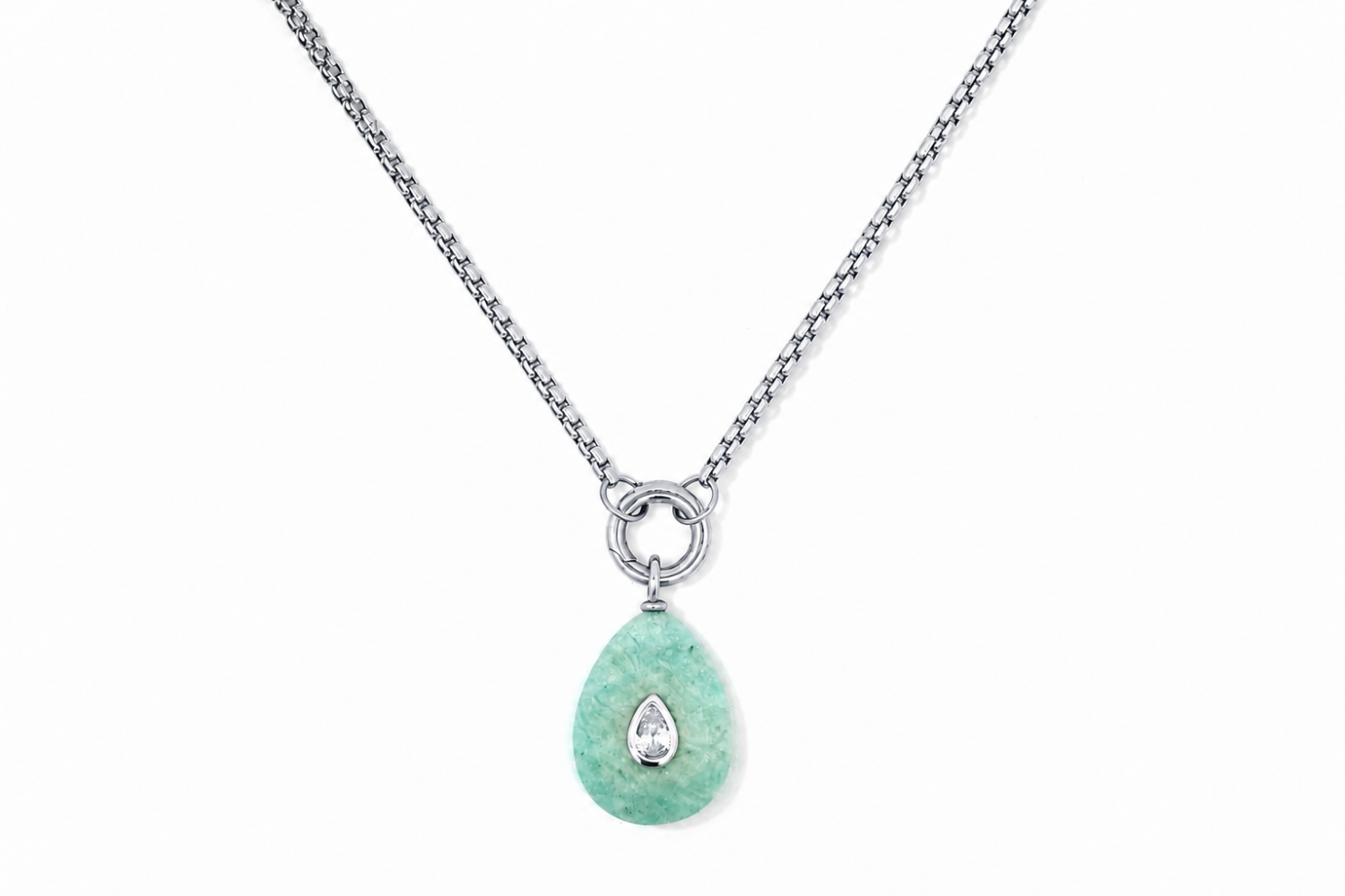 Thalia Long Amazonite Teardrop Pendant Necklace featuring a polished amazonite gemstone with a sparkling crystal on a waterproof stainless steel chain.