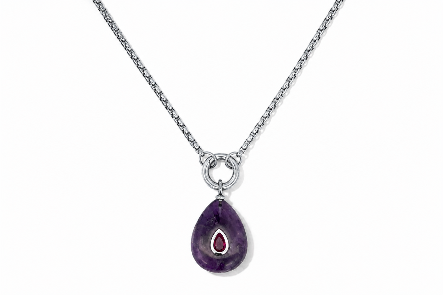 Thalia Long Amethyst Teardrop Pendant Necklace featuring a natural amethyst gemstone with a ruby-coloured crystal on a waterproof stainless steel chain.
