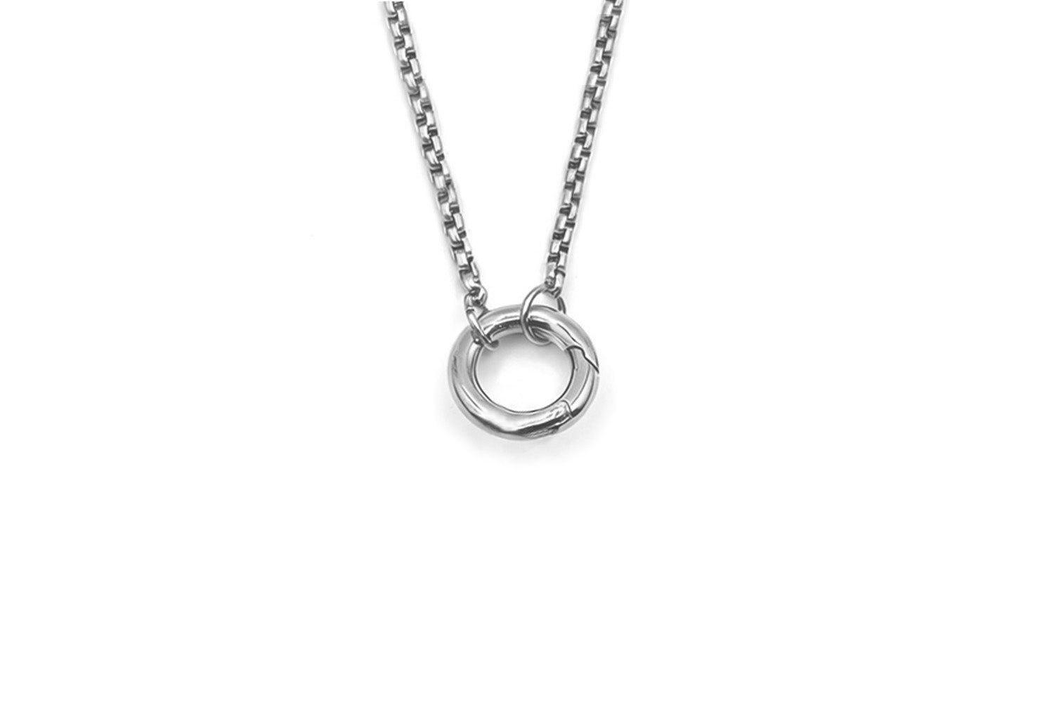 Thalia short silver chain necklace with central ring detail and polished stainless steel finish.