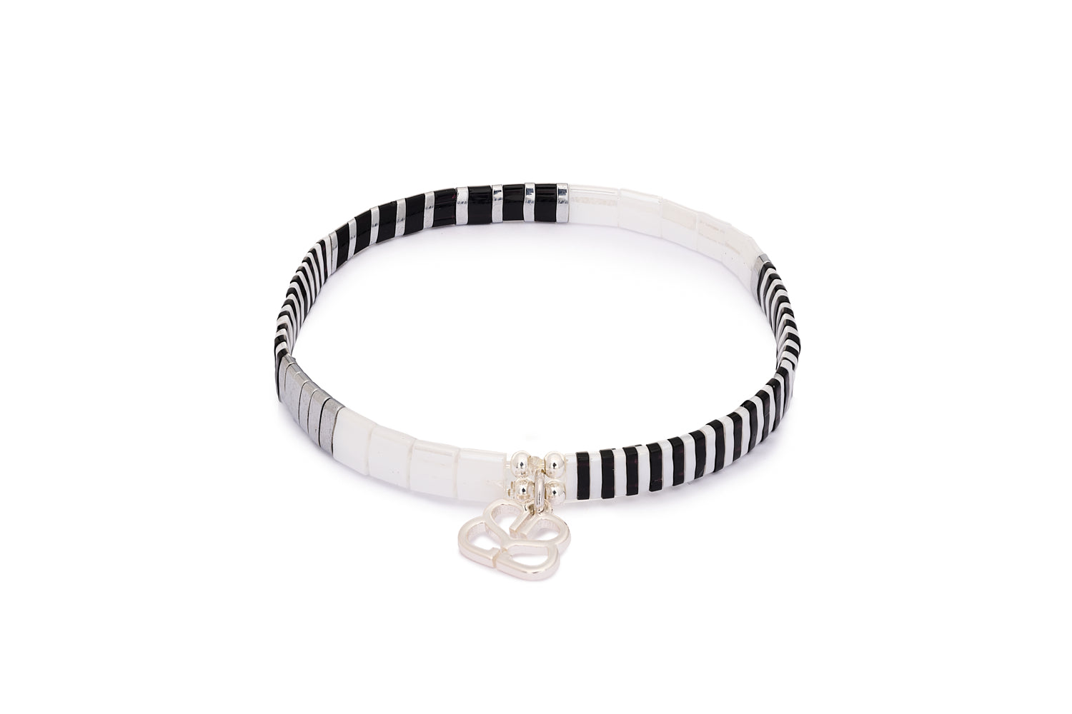 Think Silver, Black & White Tila Bracelet with striped Japanese beads in black, white, and silver, stretch 18cm design with Boho Betty charm.