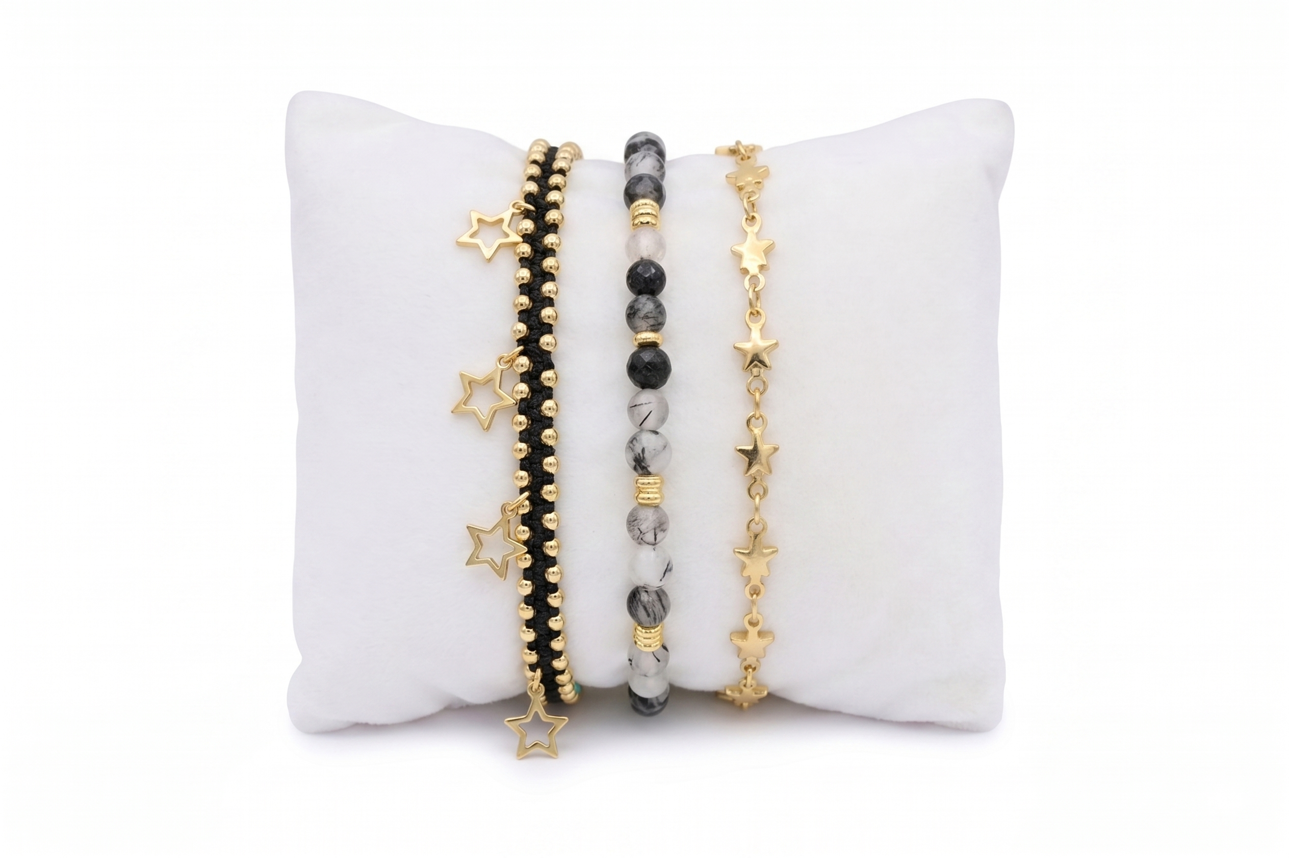 Vanatu black rutilated quartz gold bracelet stack, faceted black gemstones with gold star charms and adjustable slider fits