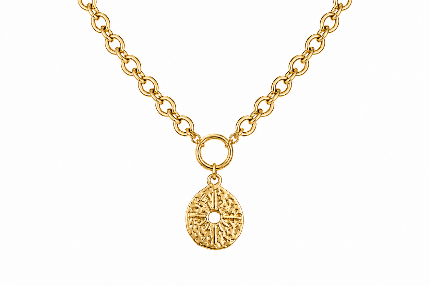Vela Gold Sunburst Pendant Necklace featuring a textured organic sunburst pendant with a front fastening clasp in waterproof 14k Gold PVD stainless steel.