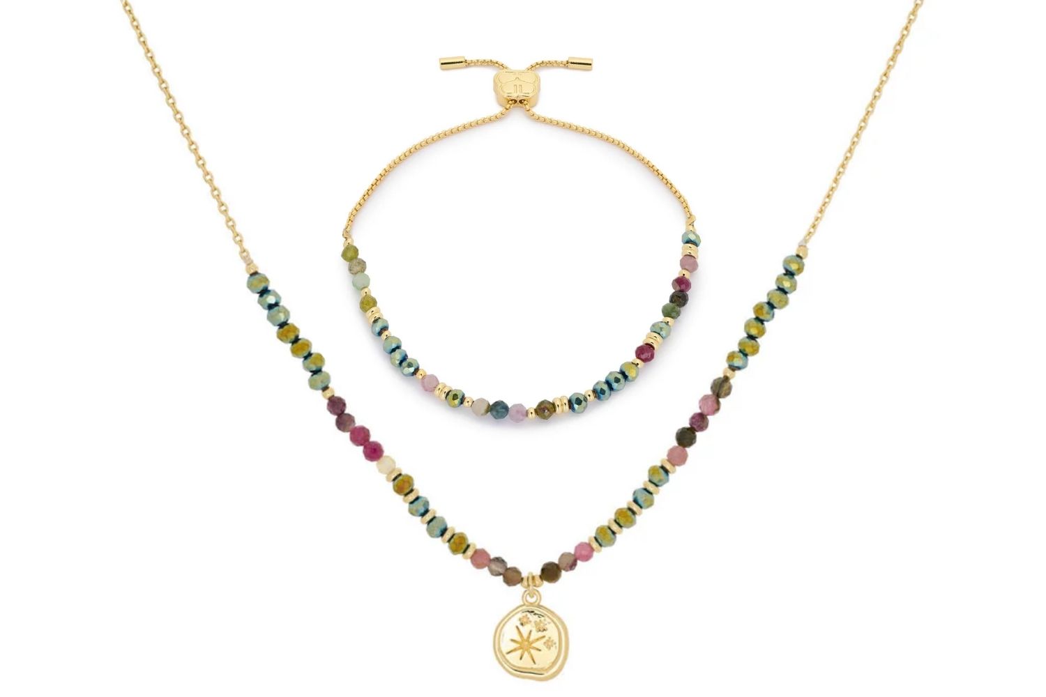 Verde Tourmaline Necklace and Bracelet Set featuring natural green and pink tourmaline gemstones, accented with luxurious 12k gold-plated details and a celestial star-engraved pendant.