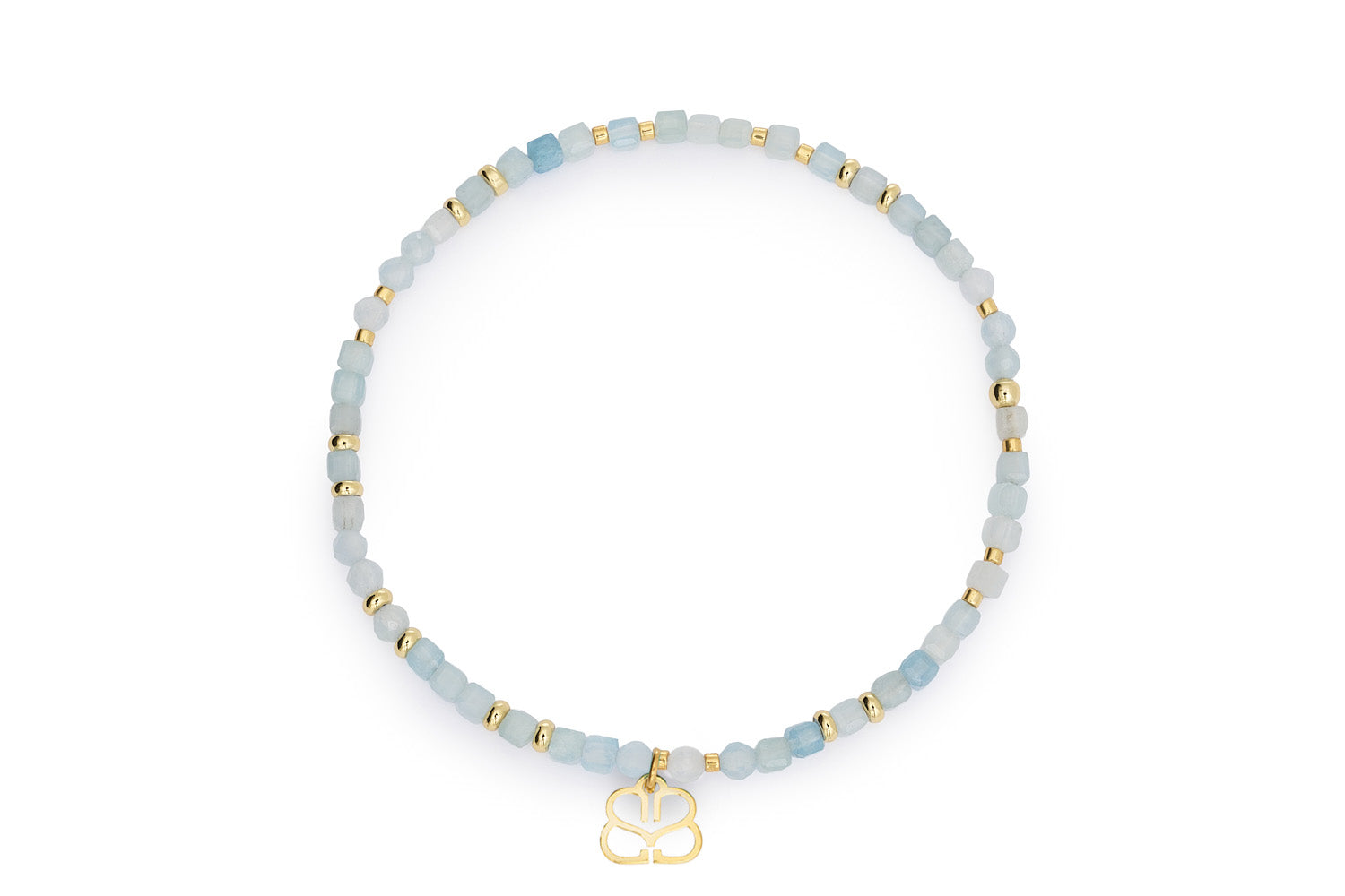 Violet Gold & Aquamarine Mix Gemstone Bracelet featuring cube-cut and faceted aquamarine beads with 12k gold-plated accents in an 18cm stretch design.